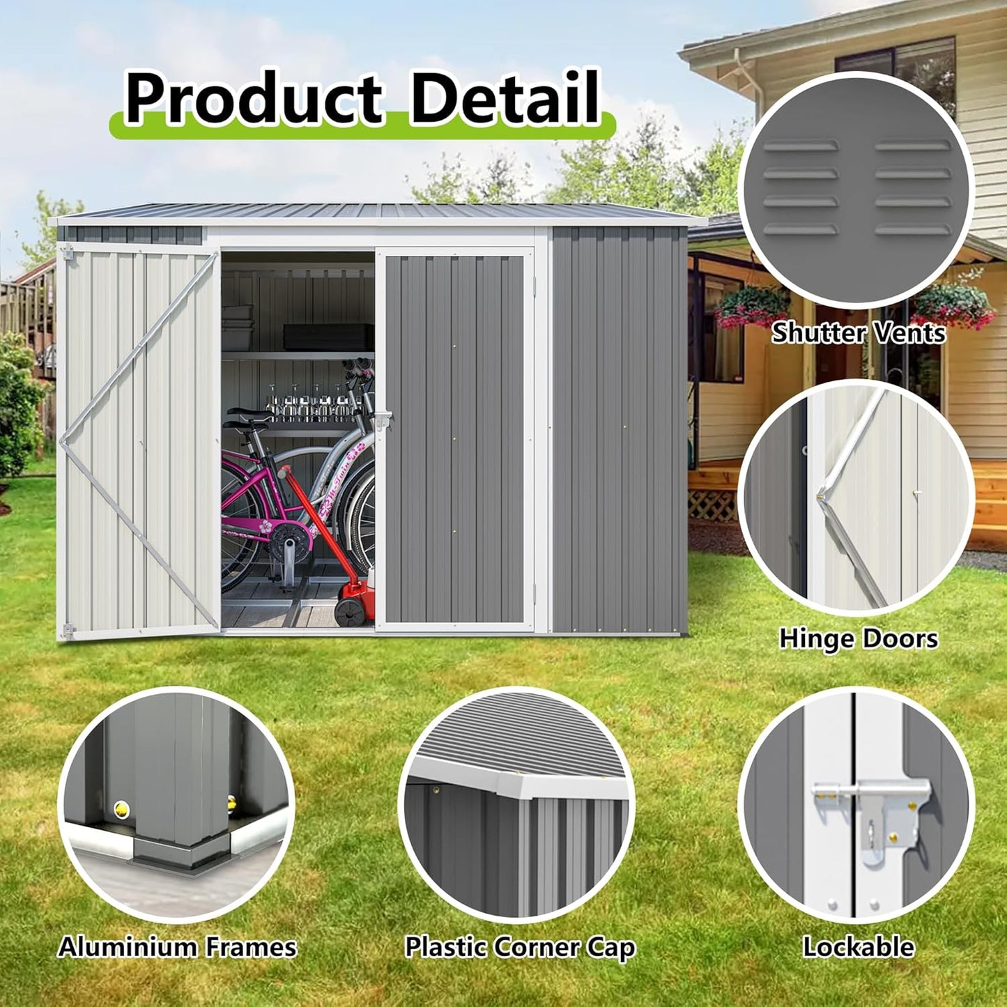 6x8FT Lean to Sheds Metal Outdoor Storage Shed with Floor Frame,Large Tool&Lawn Mower Shed with Two Lockable Doors for Garden Backyard Patio Storage,Outside Waterproof Storage Shed