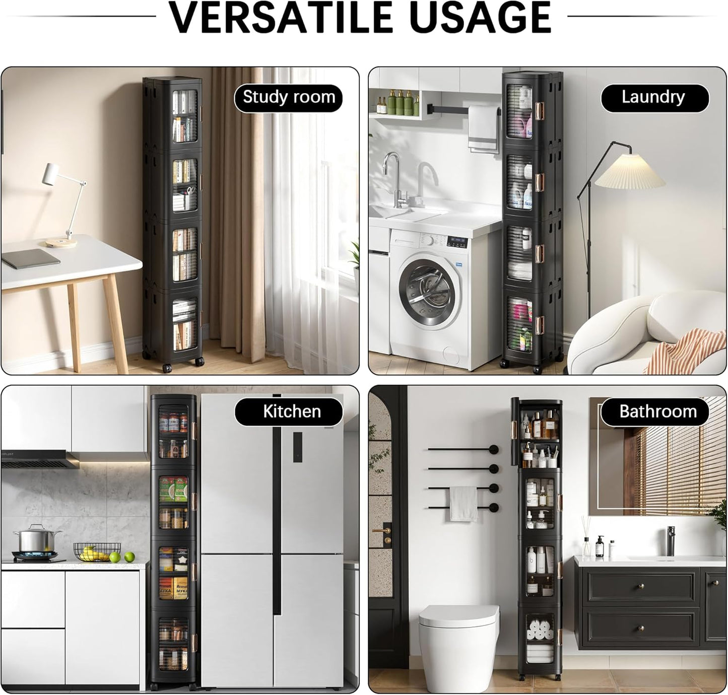 VECELO 4-Tier Tall Narrow Storage Cabinet with Movable Wheels, Adjustable Shelves, Anti-Tip, Slim, for Small Space, Bathroom, Kitchen, Laundry, Black