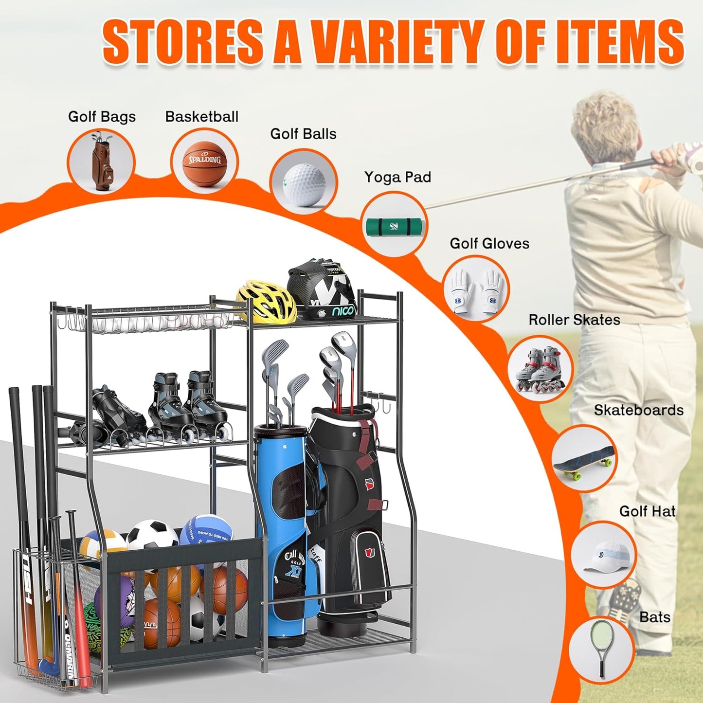 Ultrawall Golf Storage Organizer, Golf Bag Storage Stand for Garage, Golf Equipment Rack with Wheels Fits 2 Golf Bags and Golf Equipment Accessories