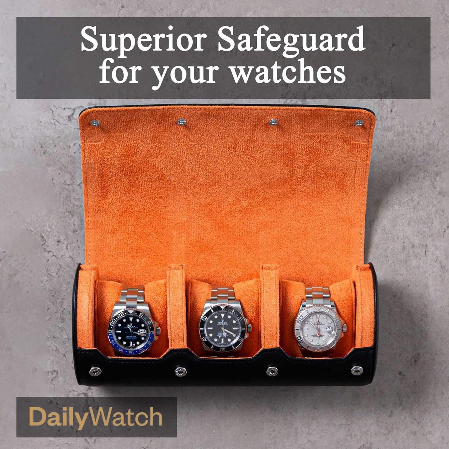 DailyWatch | Watch Roll Travel Case For 3 Watches | Luxury Watch Case In Genuine Black Leather With Soft Velvet Interior | Watch Case Protect, Store, & Display Your Watches | Black Orange