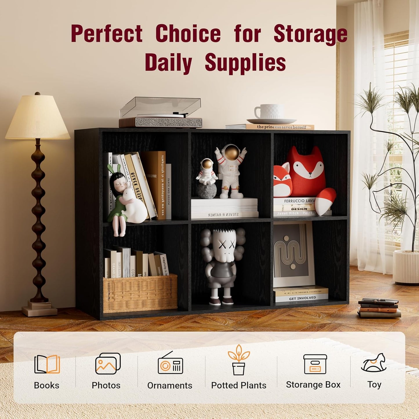 Book Shelf, Wooden Cube Storage Organizer with 11" Open Cubes, Stackable Modular Bookcase for Room Divider Storage, 2 Tier Bookshelf for Living Room, Bedroom, Office (Black, 6-Cube)