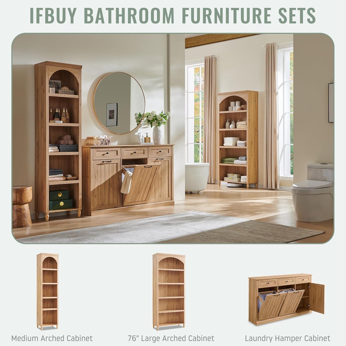 Triple Tilt Out Laundry Hamper Cabinet, 20 Gallon Farmhouse Trash Can Cabinet w/Drawer & Adjustable Shelf, Hidden Garbage Can Bin Cabinets w/Laundry Basket for Bathroom, Kitchen (Natural)