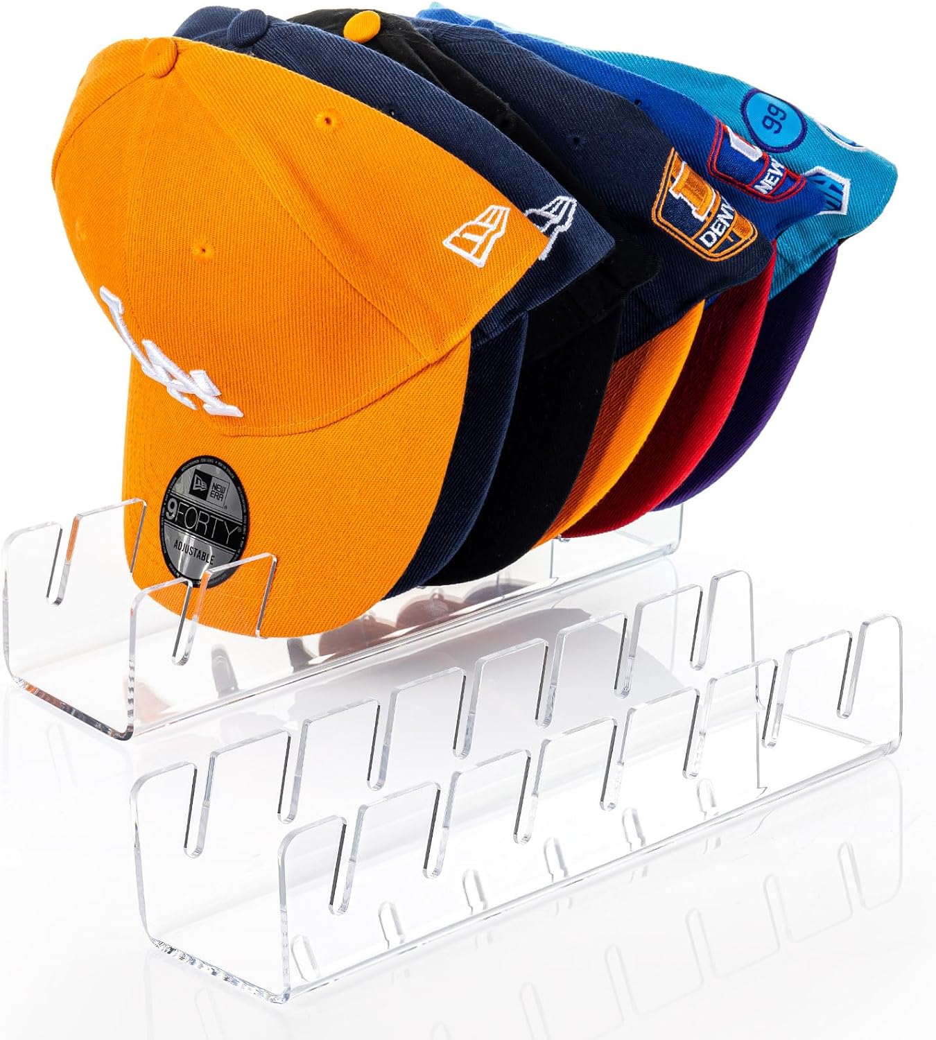 HAYVAN Hat Stand for Baseball Caps 2 Pack No Install - Acrylic Hat Holder Display and Organizer for 14 Baseball Caps for Bedroom, Closet, Dresser(Clear)