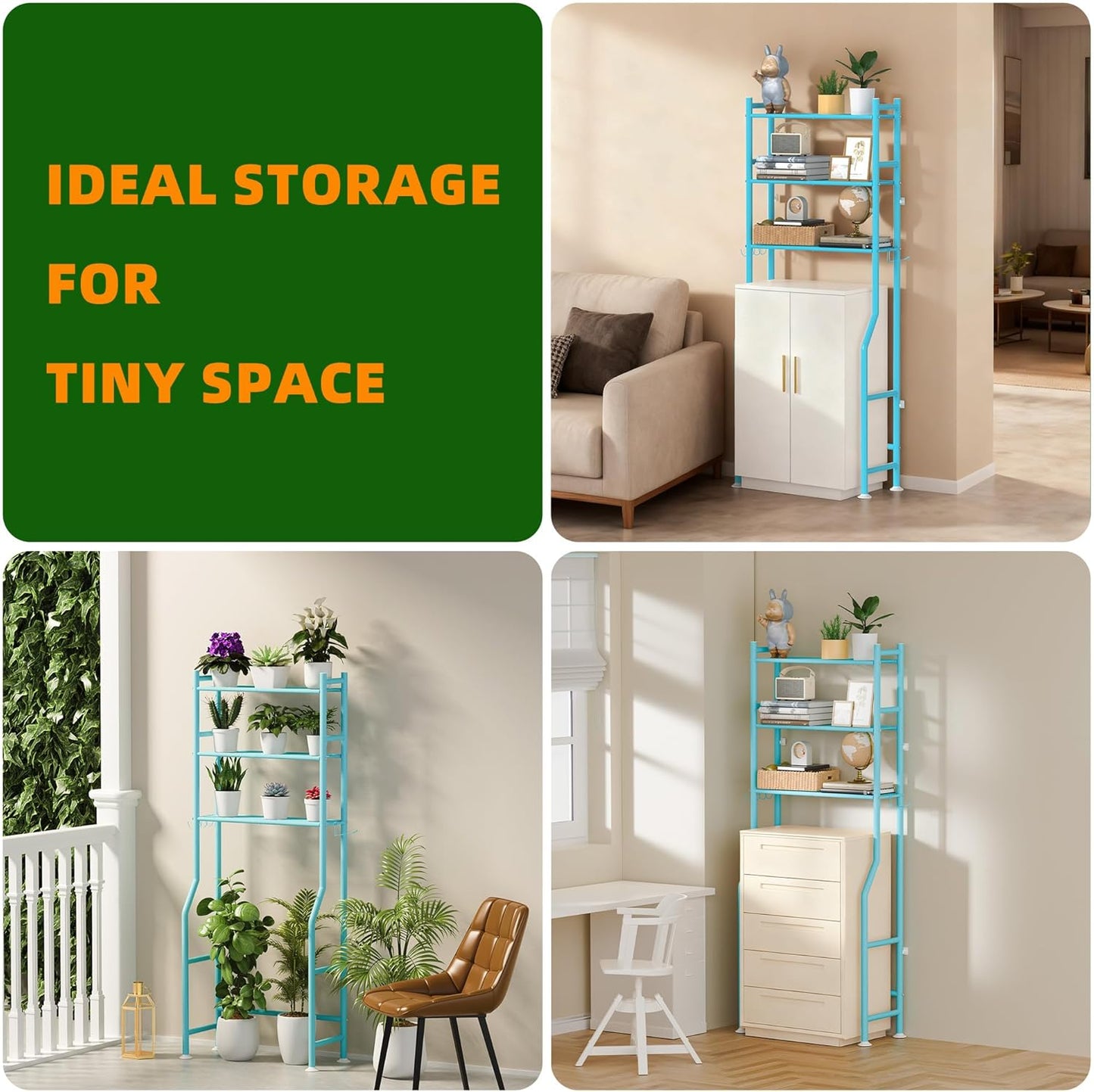 3-Tier Over The Toilet Storage, Space Saver Metal Bathroom Shelves, Freestanding Above Over Toilet Storage Shelf with 4 Hooks for Bathroom, Blue