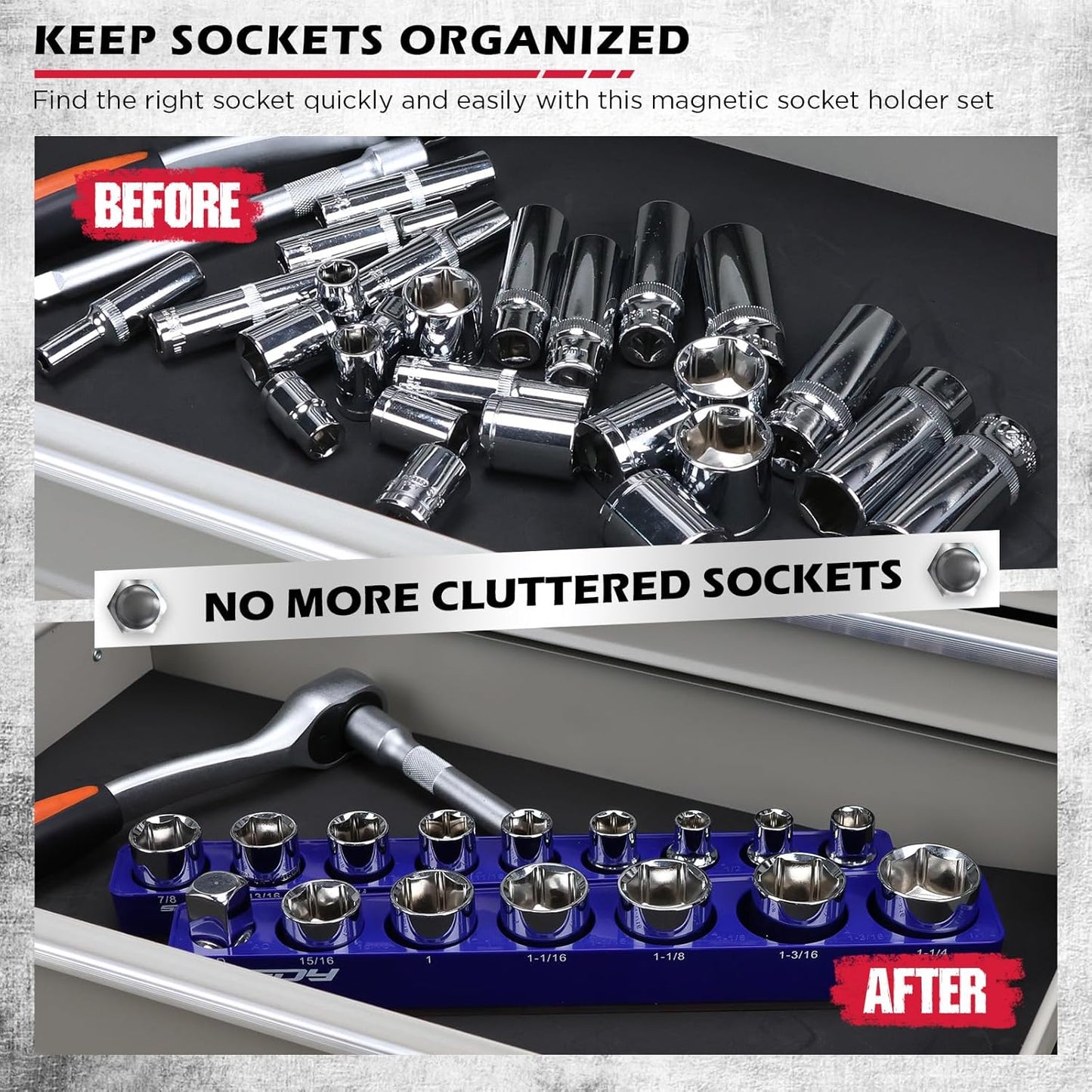 2-Piece 1/2"-Drive SAE Magnetic Socket Organizer Set (Holds 16 Sockets) - Detachable Tool Tray with 5mm Magnetic Base, Screw-Fixed Design & Heavy-Duty Modular Storage for Garage/Home Workshop