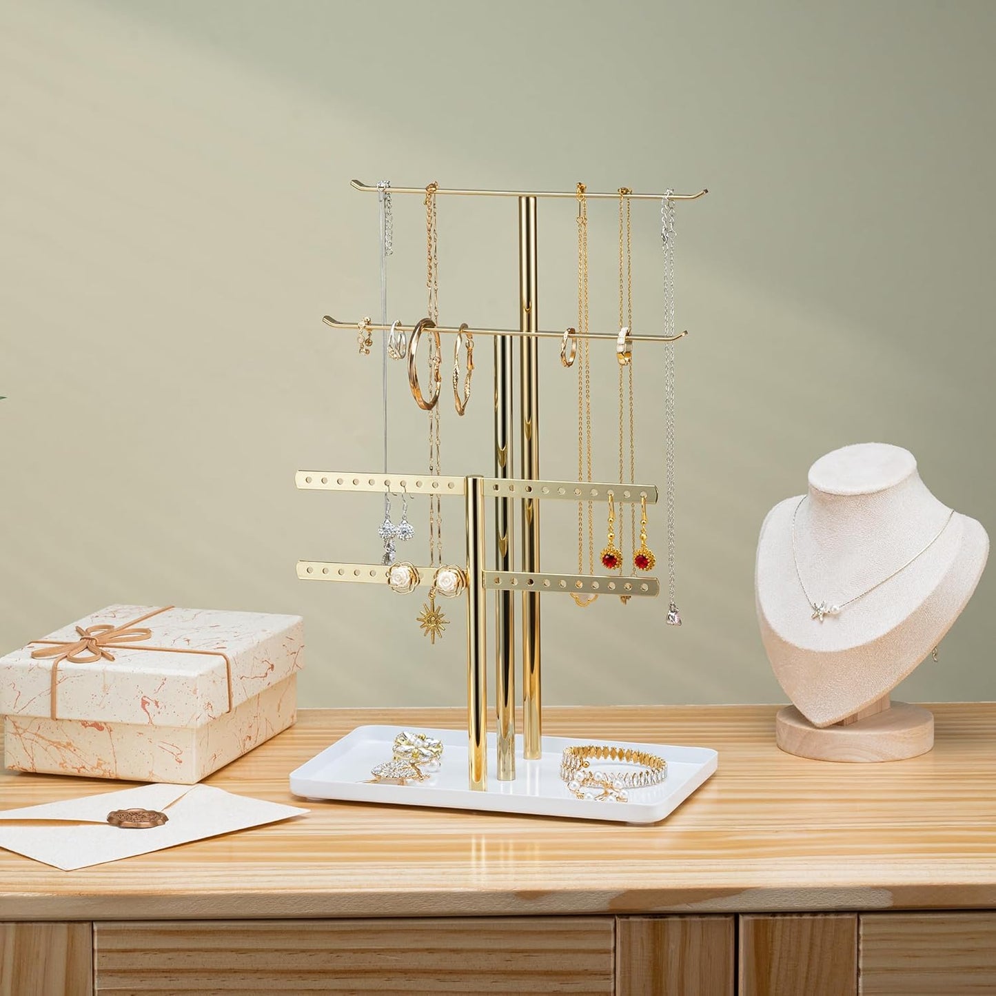 pickpiff Jewelry Stand Organizer Necklace Holder- 12.5" Sturdy Earring and Bracelet Hanger, Mirrored Gold, Aesthetic Room Decor