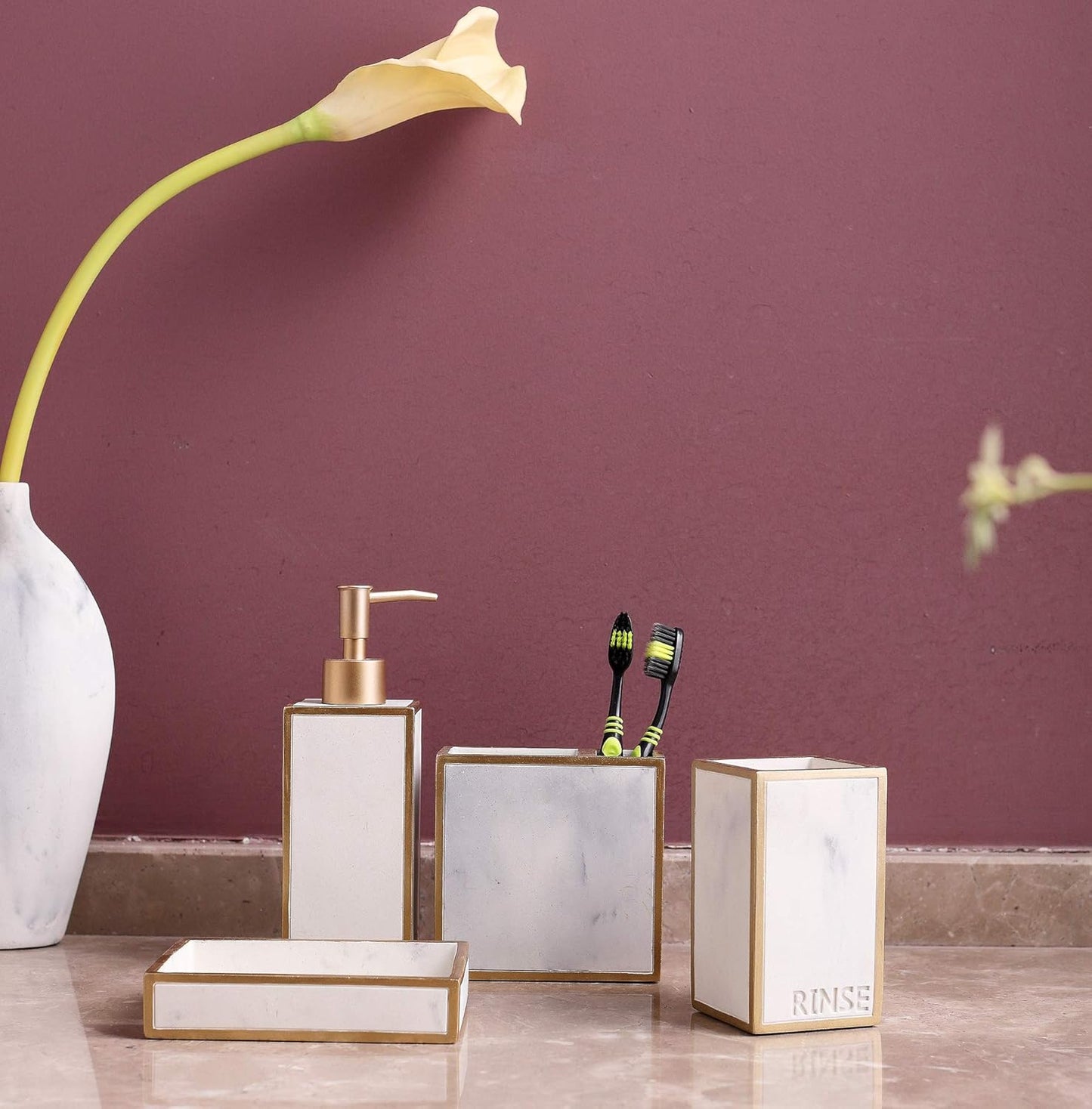 Hymmah Bathroom Accessories Set,Toothbrush Holder,Farmhouse Bathroom Decor,4 Pcs Resin Gift Set Apartment Necessities, Contain Toothbrush Cup,Soap Dispenser,Soap Dish,Tumbler