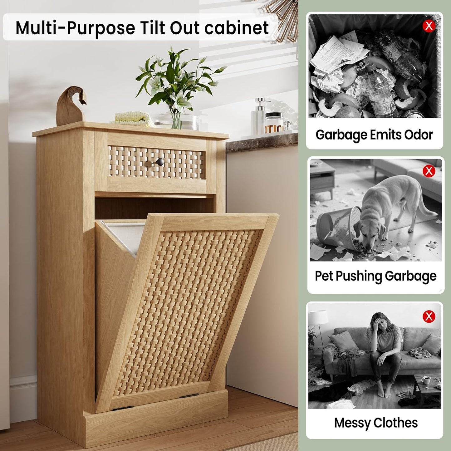 Tilt Out Laundry Hamper Cabinet,10 Gallon Laundry Cabinet with Drawers & Hidden Baskets, Farmhouse Storage Basket for Laundry Room, Bathroom, Kitchen, Wood