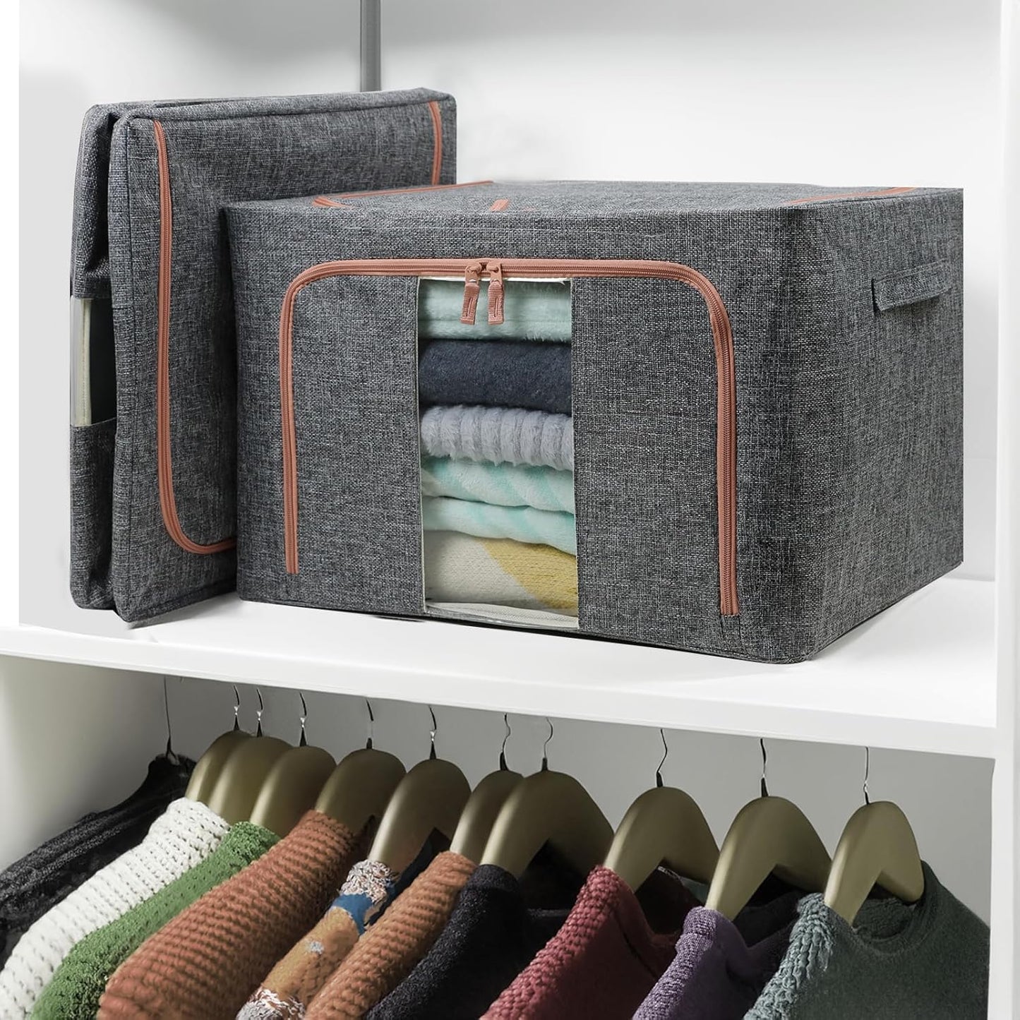 Linen Clothes Storage Bins, 4PCS Sturdy Closet Organizers and Storage Bin with Metal Frame, 2 Opening Ways Fabric Visible Lidded Storage Box for Organizing Clothing,Jeans,Sheets (4PC Gray, 60Liters)