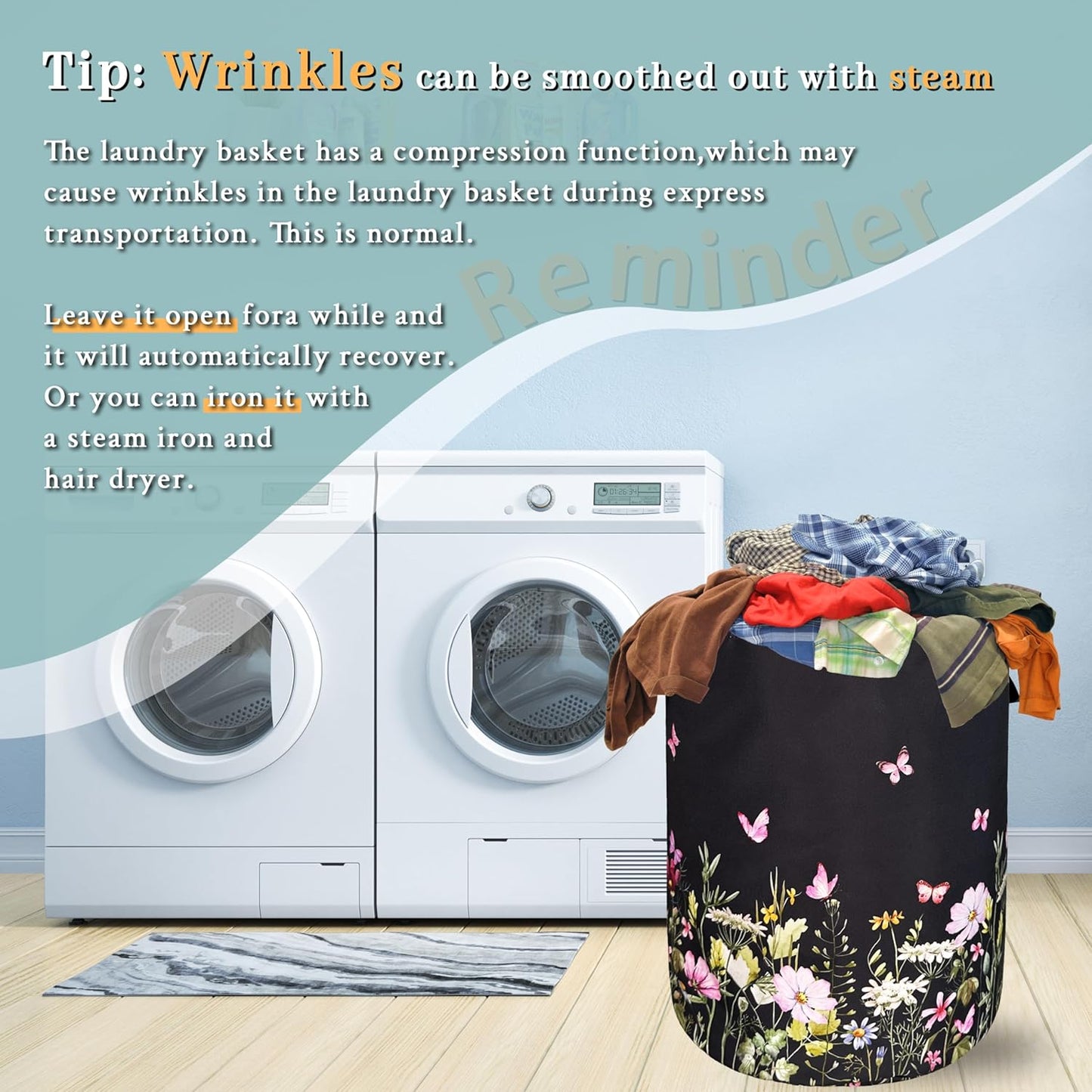 Beautiful Flowers Laundry Hamper With Handles Foldable Oxford Cloth Butterfly Tote Bag Floral Colorful Laundry Basket Clothes Toy Storage Bucket 18.9"x16.5" For Bathroom/Laundry/Bedroom