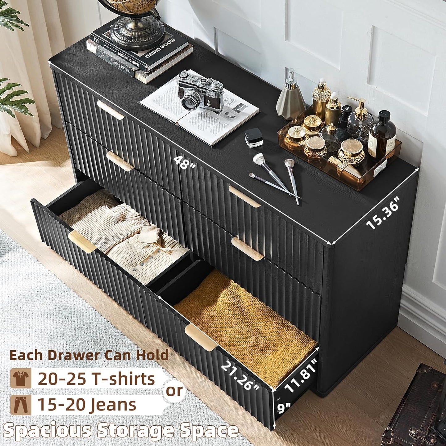 LEYAOYAO Fluted 6 Drawers Dresser Set of 2, 48" Wide Modern Chest of Drawers with Woodgrain Top, Curved Profile Design, Dresser TV Stand, Wooden Drawer Organizer for Bedroom, Living Room,Black