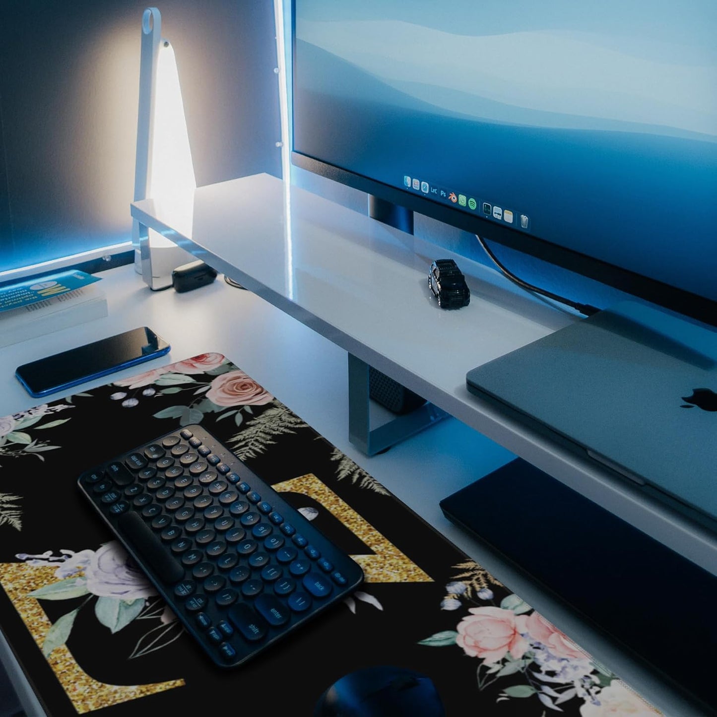 Large Gaming Mouse Pad for Desk, Flower Golden Letters Z Desk Mat, 35.4"x15.7" Big Mouse Pad with Non-Slip Base and Stitched Edge, Long Computer Keyboard Mouse Mat for Home Office Work