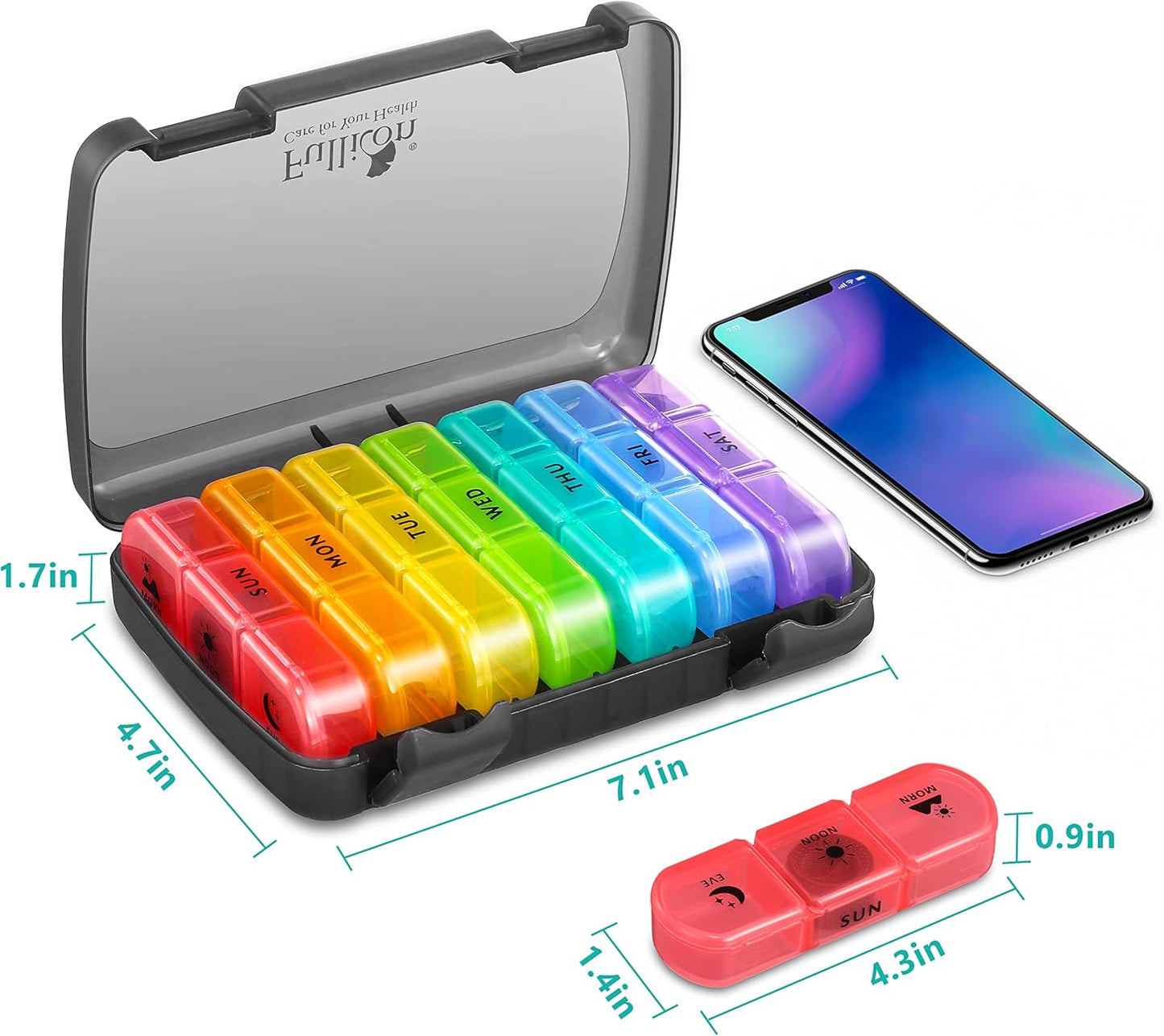 Pill Organizer 3 Times a Day, Fullicon Large Weekly Pill Case 7 Day, Daily Pill Box with 21 Compartments, Pill Dispenser Supplement Holder for Pills/Vitamin/Fish Oil - Multi-Colored