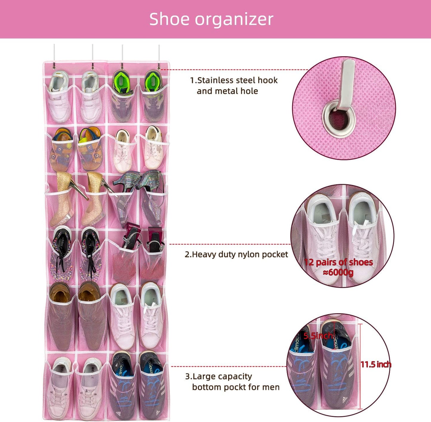 2 Pack Hanging Shoe Organizer,Over Door Shoe Organizer with 24 Mesh Large Pockets Shoe Storage Bag for Sport Shoes Size:58x21 Inch Hanging Door Shoe Rack Organizer (Pink-2pack)