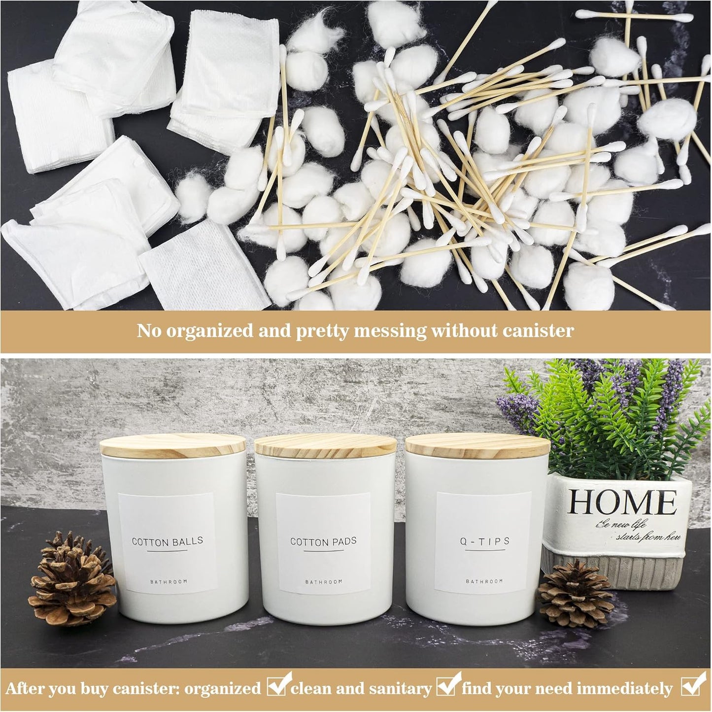 3PCS Farmhouse 13.53oz White Bathroom Canisters with 12 Labels & Wooden Lid Thick Glass Jar Set Qtip Holder for Cotton Ball & Pads Storage Organization Minimalist Decor