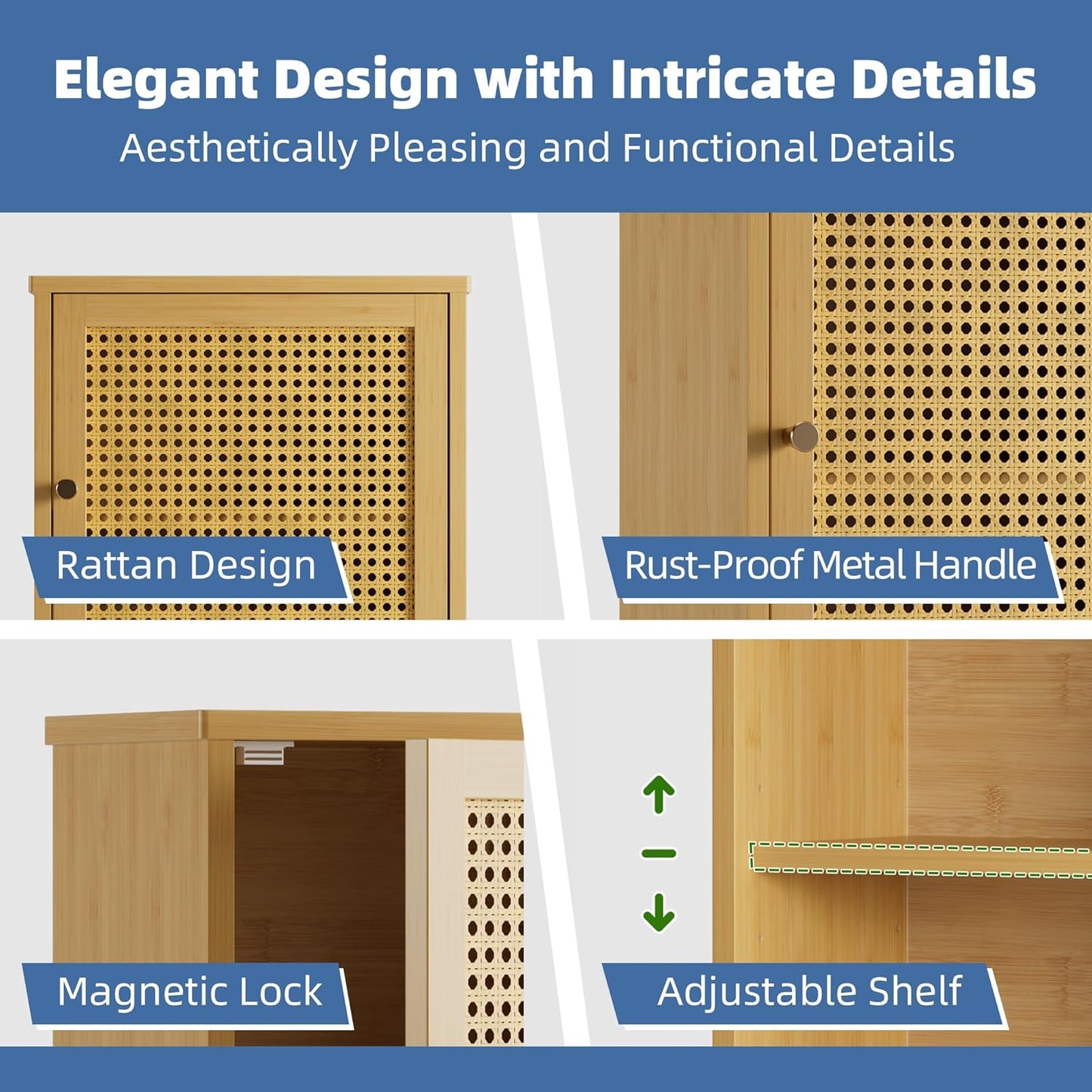 HITNET Bathroom Wall Cabinet, Rattan Medicine Cabinet, Bamboo Hanging Storage Organizer Over The Toilet with Adjustable Shelf for Living Room, Kitchen, Hallway(Natural)