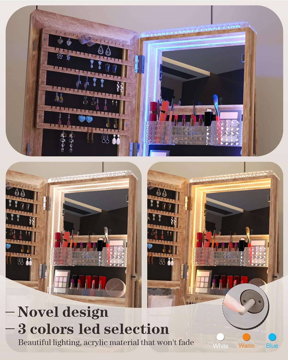 Full Length Mirror with Storage, Standing Mirror Jewelry Cabinet with 3 Color LED Lights, 360° Swivel Jewelry Armoire with Mirror & Storage Shelves, Brown