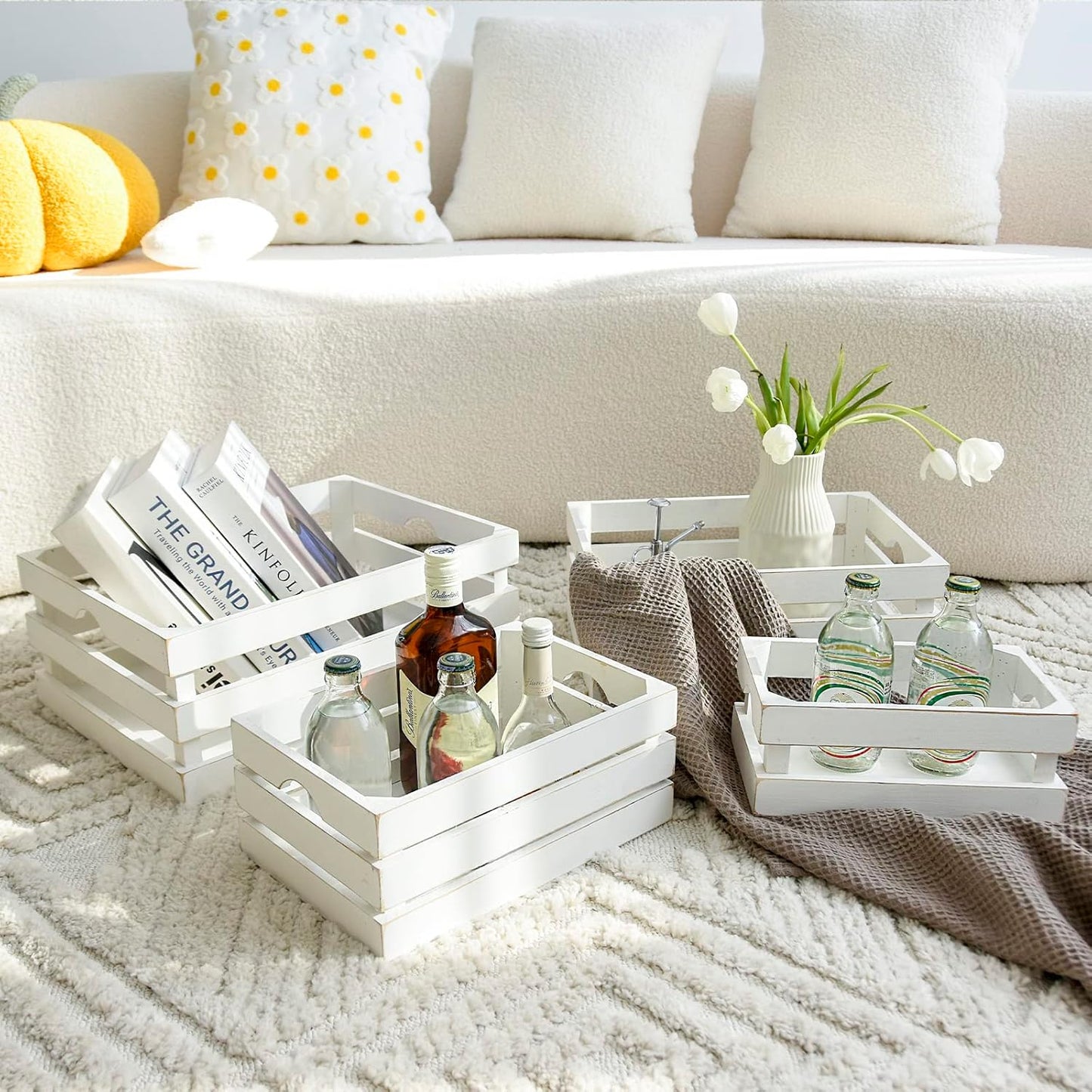 Set of 4 Large Wooden Decorative Storage Crates, Whitewashed Nesting Wooden Crates for Display Rustic, Farmhouse Wood Storage Container Boxes Made from 100% Wood