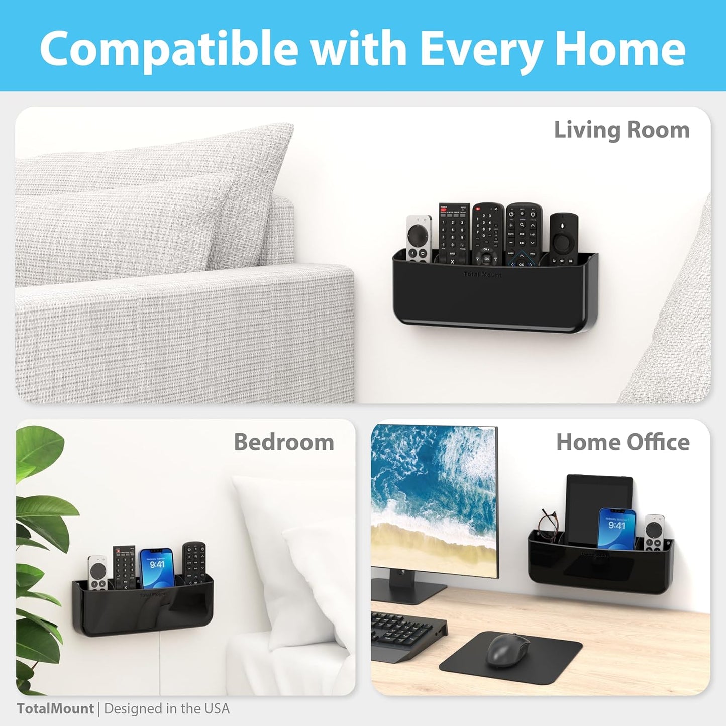 TotalMount Hole-Free Remote Holder – Eliminates the Need to Drill Holes in Your Wall (Premium Black Remote Control Holder for 5 or 6 Remotes)