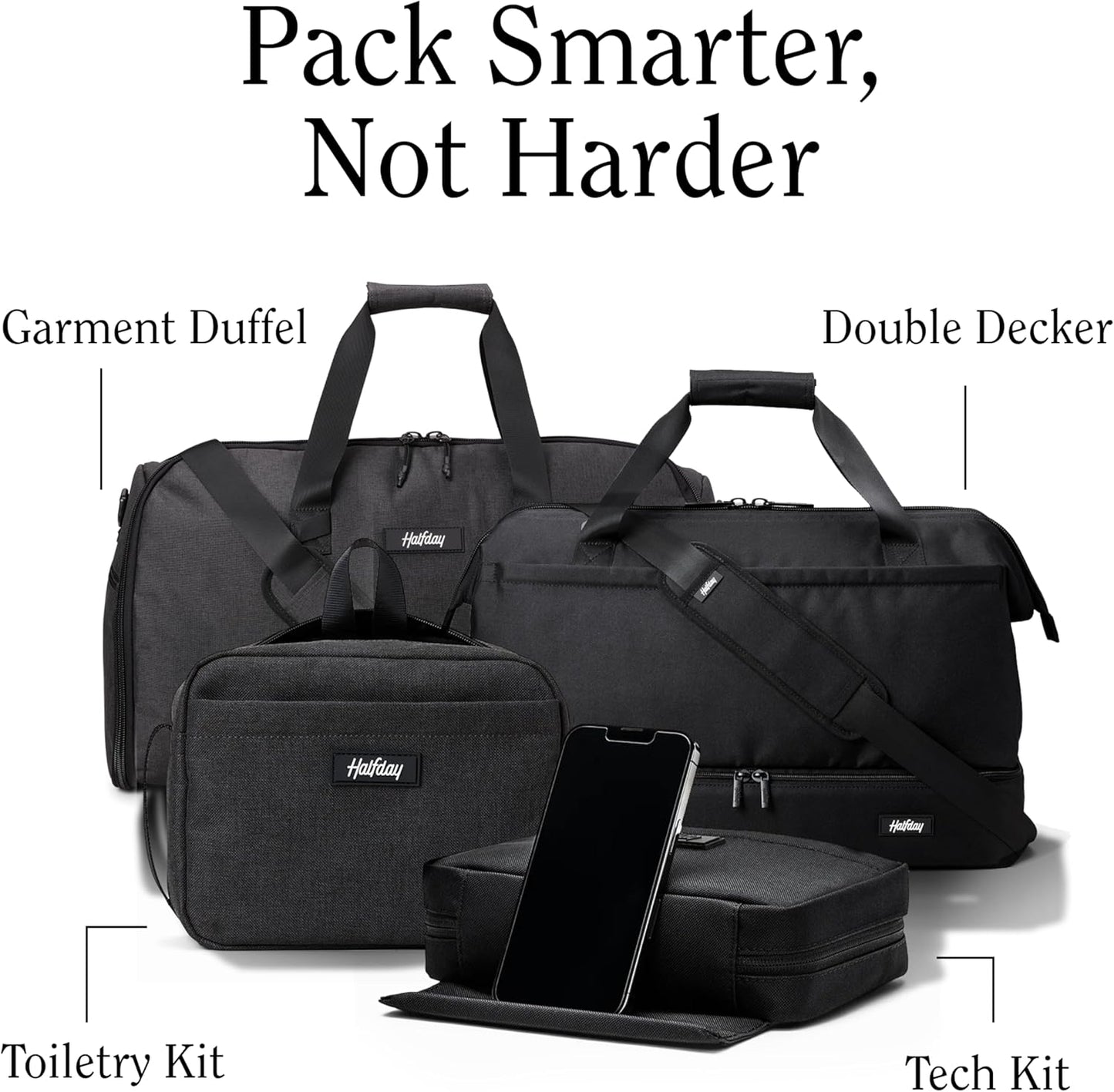Halfday Sidekick Tech Organizer Kit | Flip-Out Kickstand for Phone/Tablet, Zip-Flat Pouch with Power Mesh & Elastic for Cable & Charger (Splash-Resistant Travel Electronics Accessories Case), Shadow