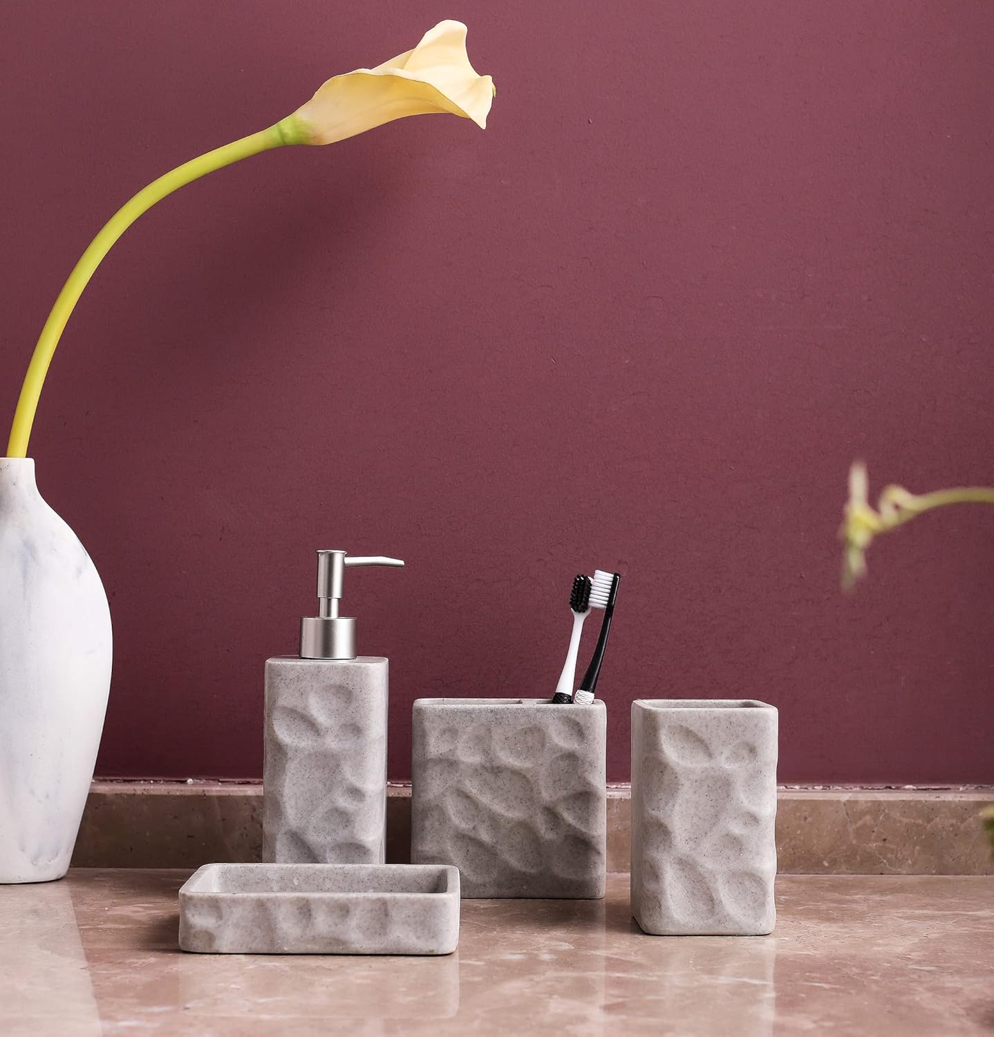 Hymmah Bathroom Accessories Set,Toothbrush Holder,Farmhouse Bathroom Decor,4 Pcs Resin Gift Set Apartment Necessities, Contain Toothbrush Cup,Soap Dispenser,Soap Dish,Tumbler
