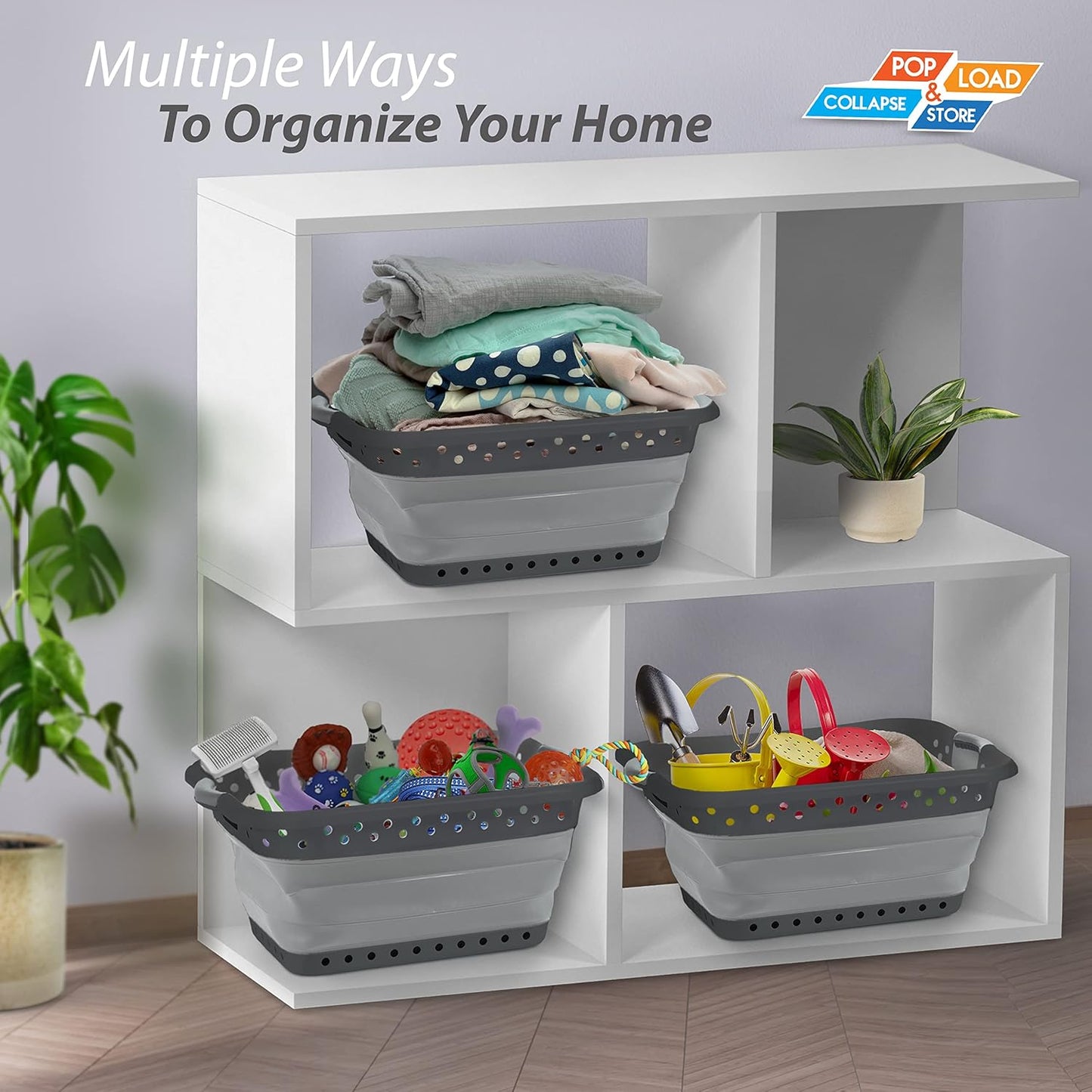 Pop & Load Collapse & Store 1 Large 25" Slim Collapsible Plastic Laundry Basket, Space Saving Portable Pop Up Storage & Organization Basket, 3" High When Folded, Dual Comfort Grip Handles, Black