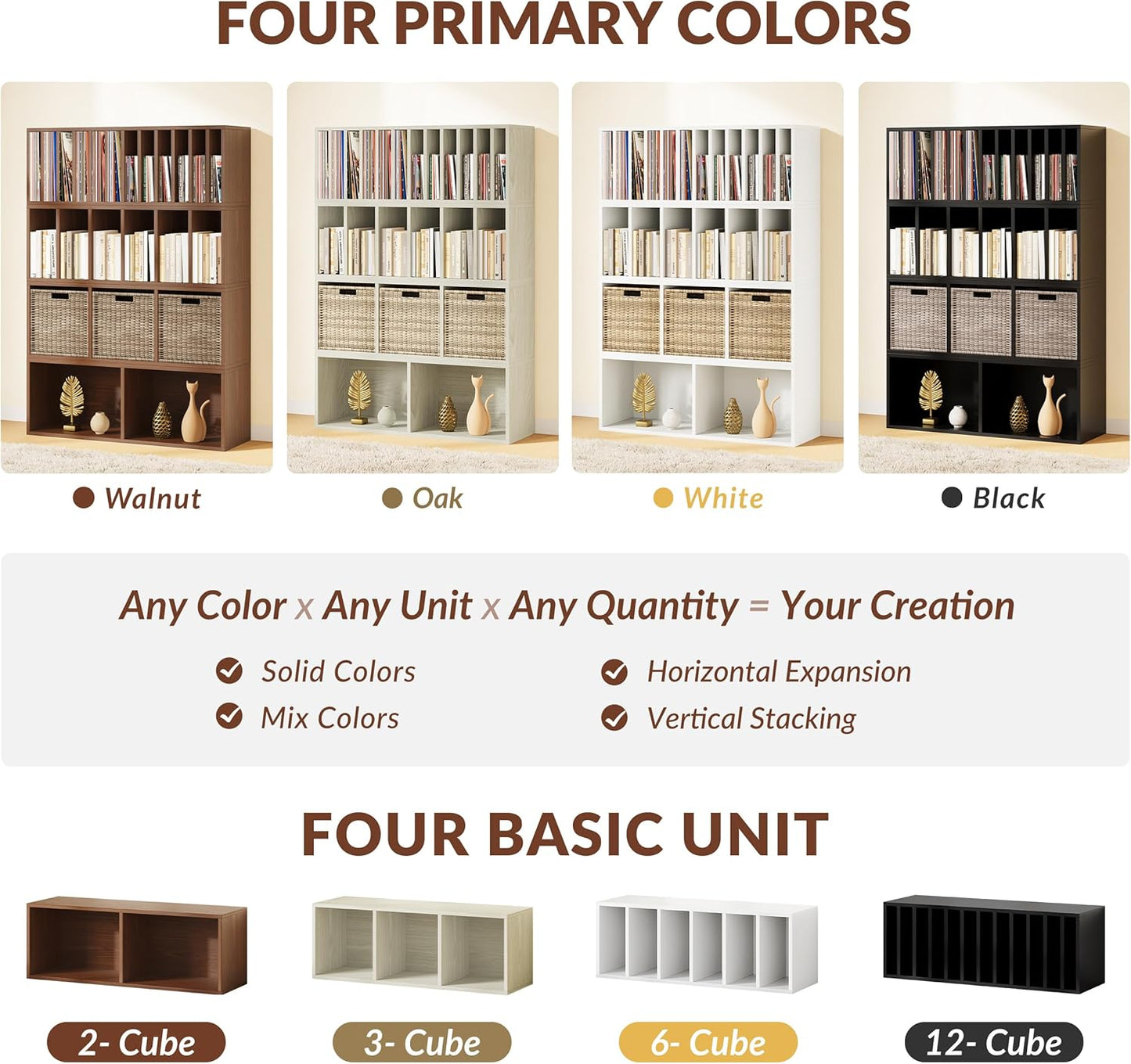 IOTXY DIY Modular Cube Bookcase - CubeXY Customizable Stackable Expandable Basic Shelving Units, 3-Cube Wooden Open Bookshelf for Fabric Storage Bin Organizer, Walnut