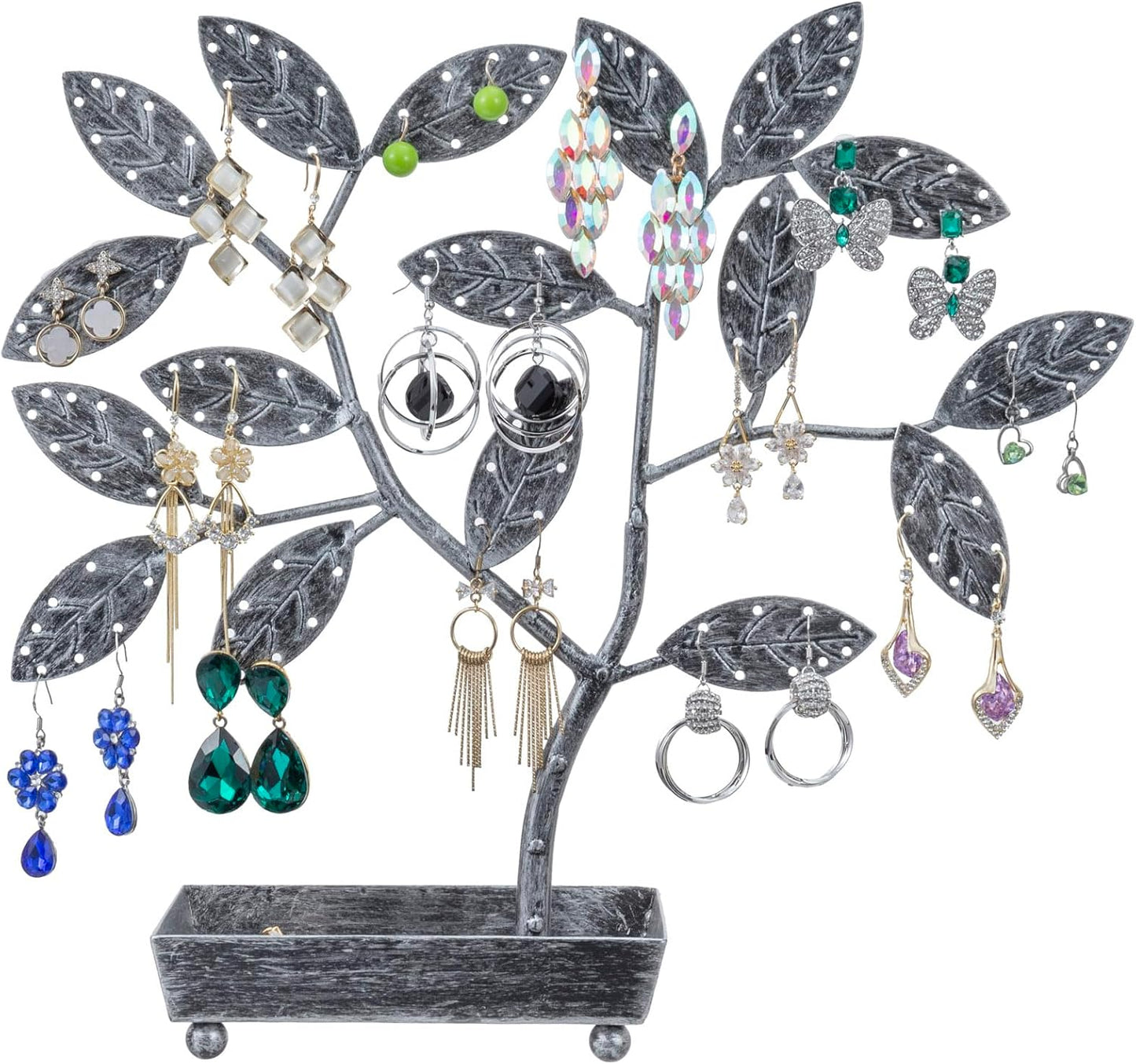 MyGift Jewelry Tree w/Bird Nest 48 pair Earrings Holder, Bracelets/Necklace Organizer Stand (Silver Metal)