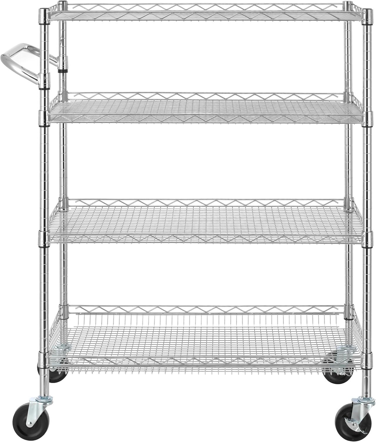 Finnhomy 4 Tier Heavy Duty Commercial Grade Rolling Cart with Handle Bar, Metal Wire Utility Cart with Wheels, Kitchen Service Trolley on Wheels, Shelf Size 18" D x 36" W, NSF, Chrome