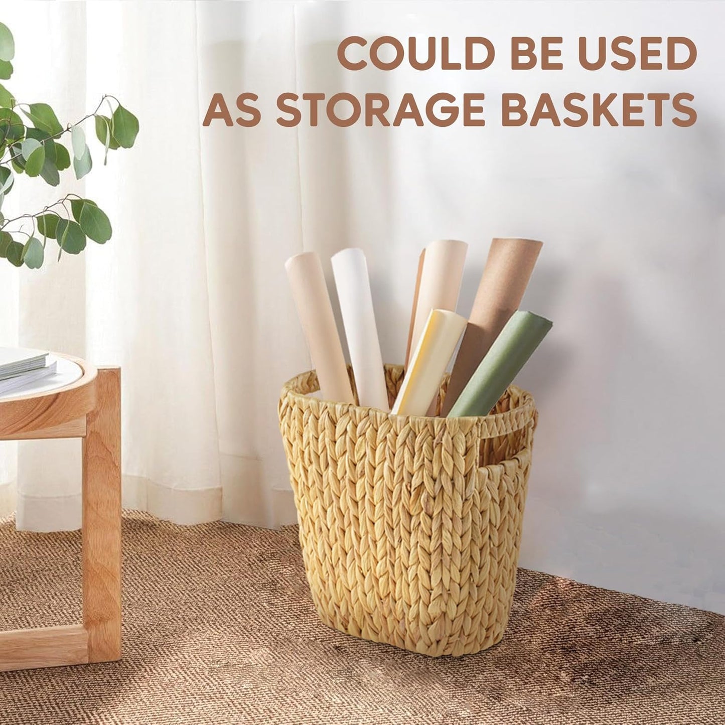 GREENATURAL Wicker Trash Can, Handwoven Water Hyacinth Waste Basket, Wicker Storage Bin with Natural Finish, Rustic Garbage Can for Laundry Room, Bathroom, Bedroom, Office, 13x7.5x12.25 inches