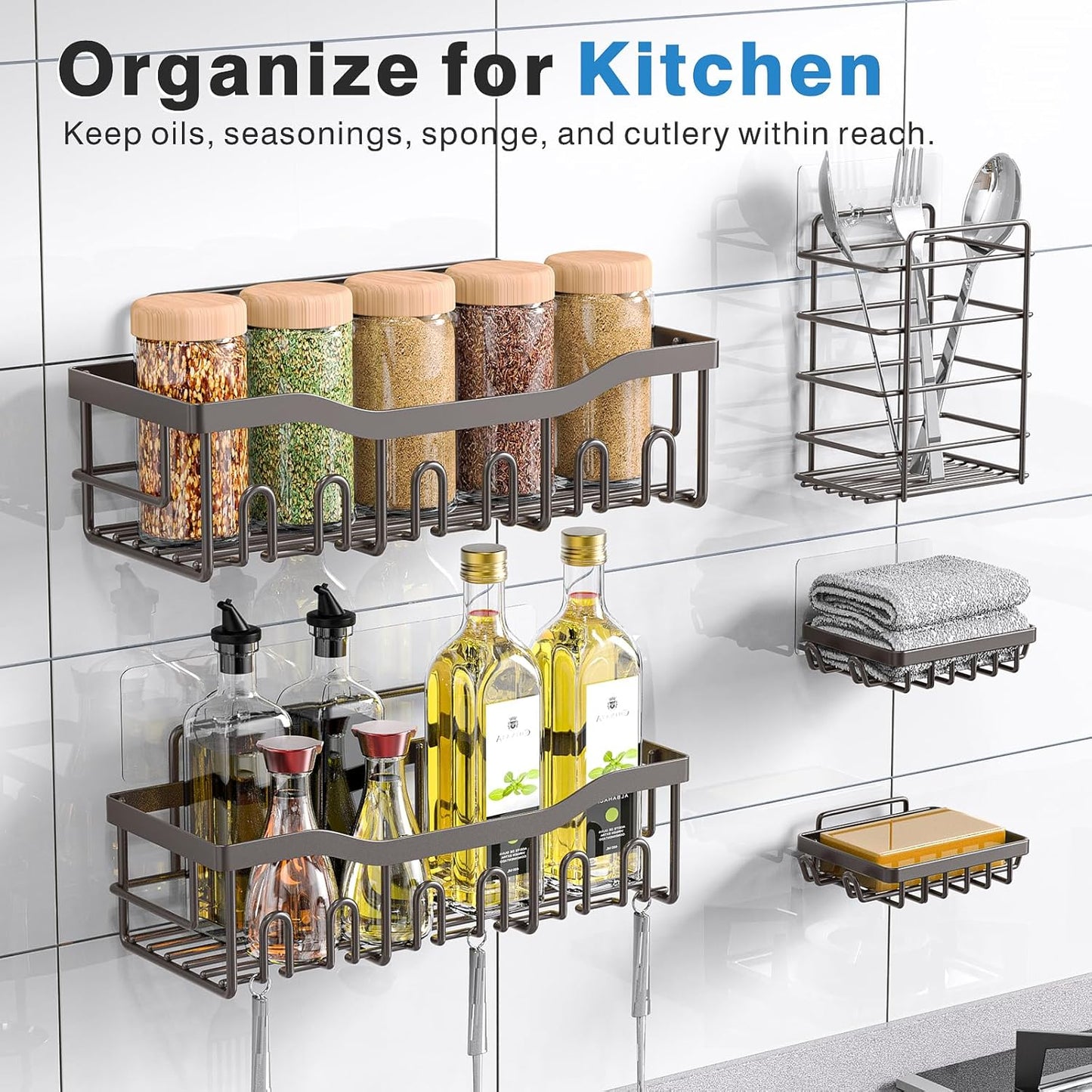 EUDELE 5-Pack Rustproof Stainless Steel Shower Caddy Set– No Drill Adhesive Bathroom Organizer, Space-Saving Shower Shelves for Apartment Essentials, Bathroom/Kitchen Storage Home Decor-L Size