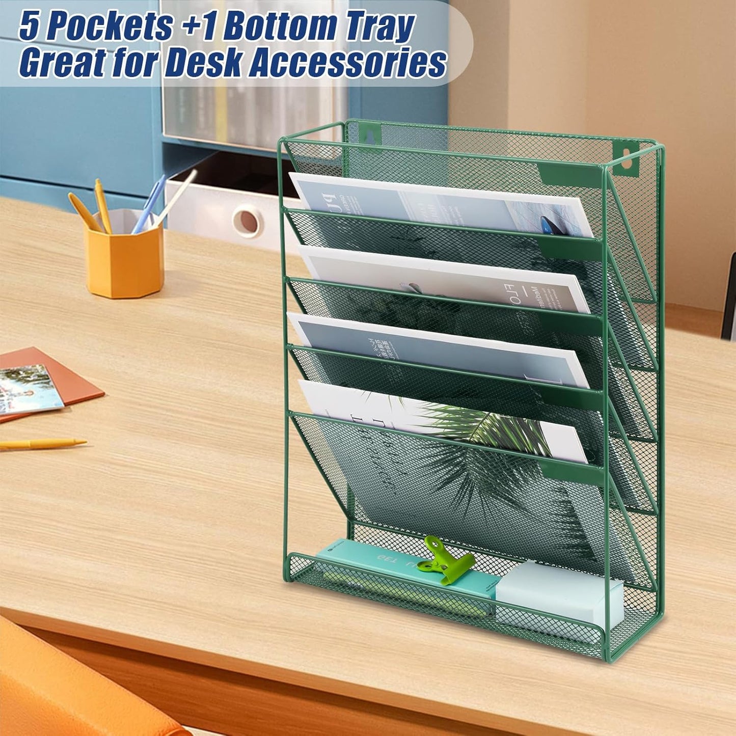 EASEPRES Desk File Organizer Mesh 6-Tier, Hanging Wall Mount Document Organization Stand, Desktop Vertical Mail Paper Folder Holder Rack with Bottom Tray for Office Home Cubicle Countertop, Dark Green
