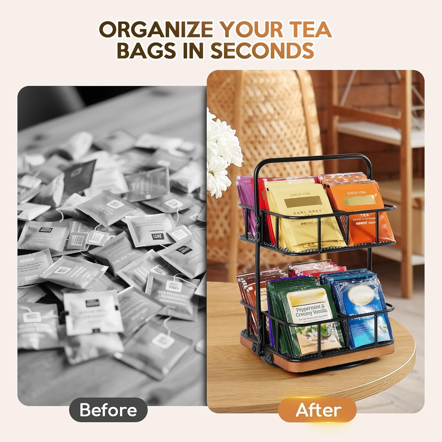 Rotation 2 Tier Tea Bag Organizer, Iron Art Tea Organizers, Acacia Wood Stand Teabag Holder with Handle Easy to Move and 8 Basket Tea Caddy for Tea Bags Organizer for Pantry, Kitchen, Gift Giving