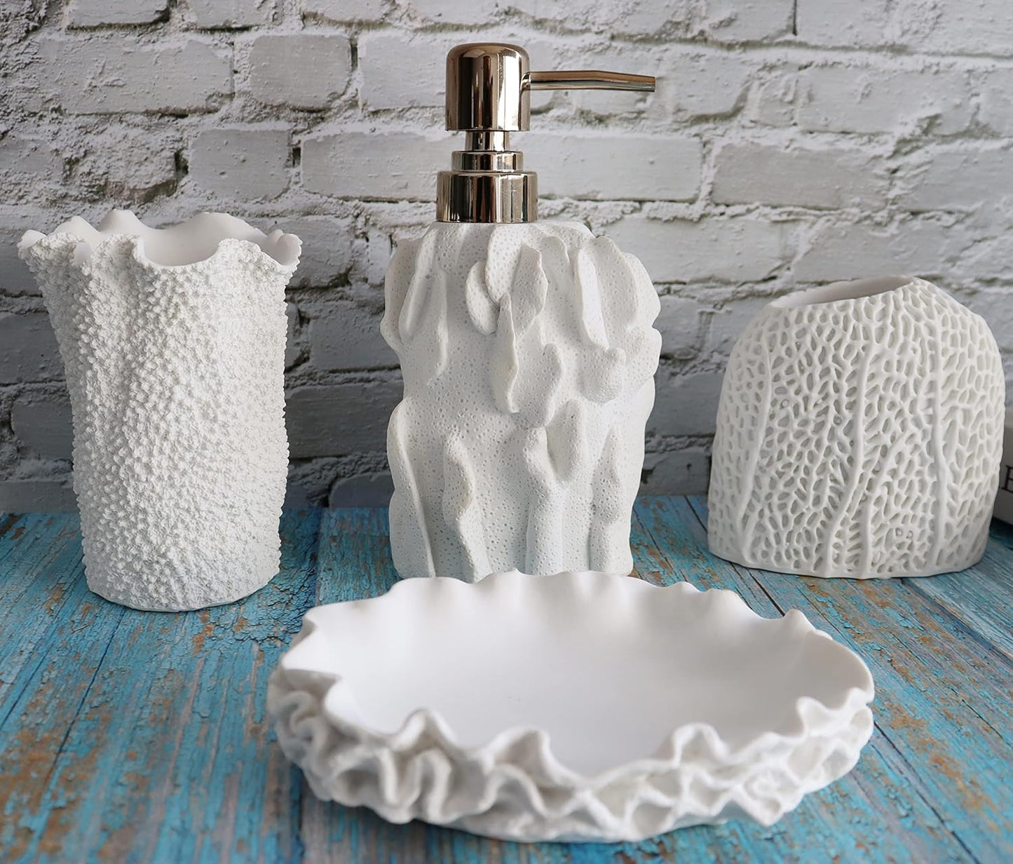 Hymmah Bathroom Accessories Set,Coral Seashell Design Toothbrush Holder,Farmhouse Bathroom Decor,4 Pcs Resin Gift Set Apartment Necessities, Contain Toothbrush Cup,Soap Dispenser,Soap Dish,Tumbler
