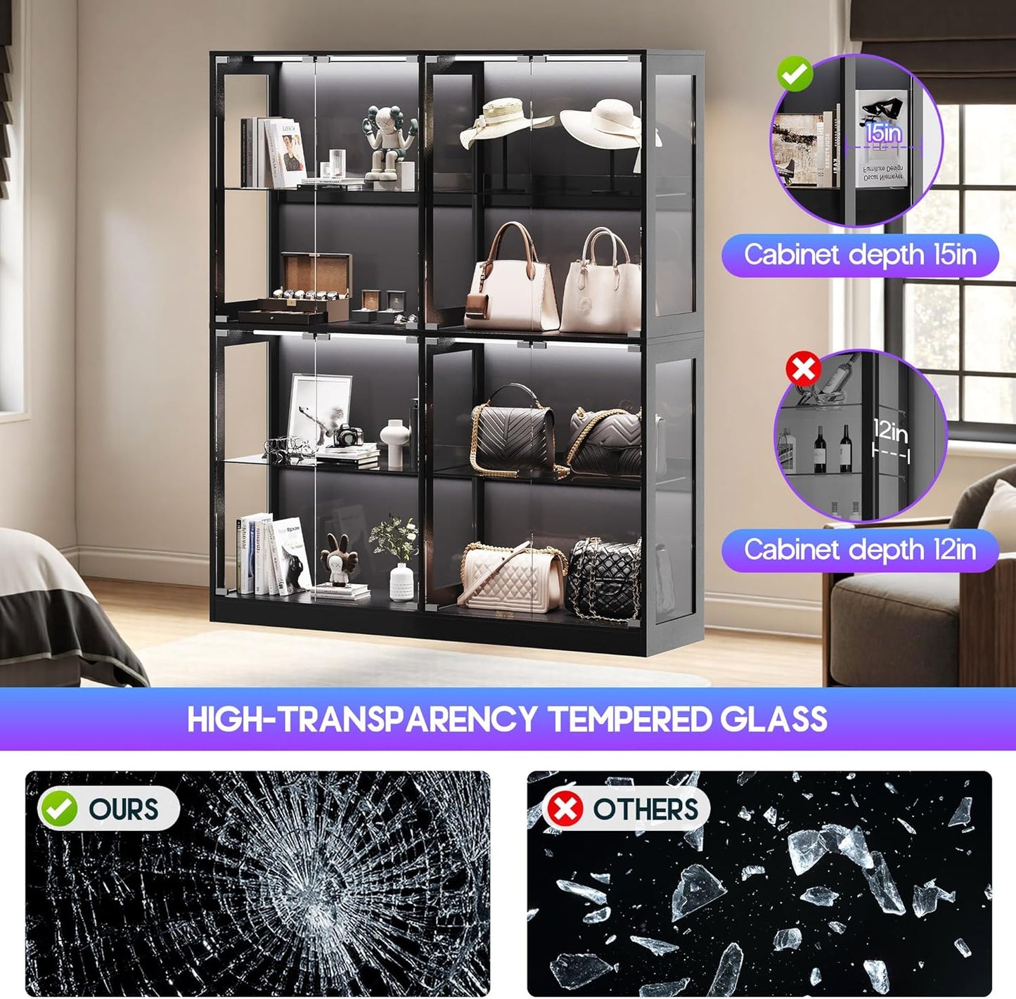 AMERLIFE RGB Display Cabinet with Adjustable Glass Shelves, 4-Tier Storage Case with LED Lights & Press-to-Open Doors, Modern Display Shelf for Collectibles, Black 70" H×60" L×16" D