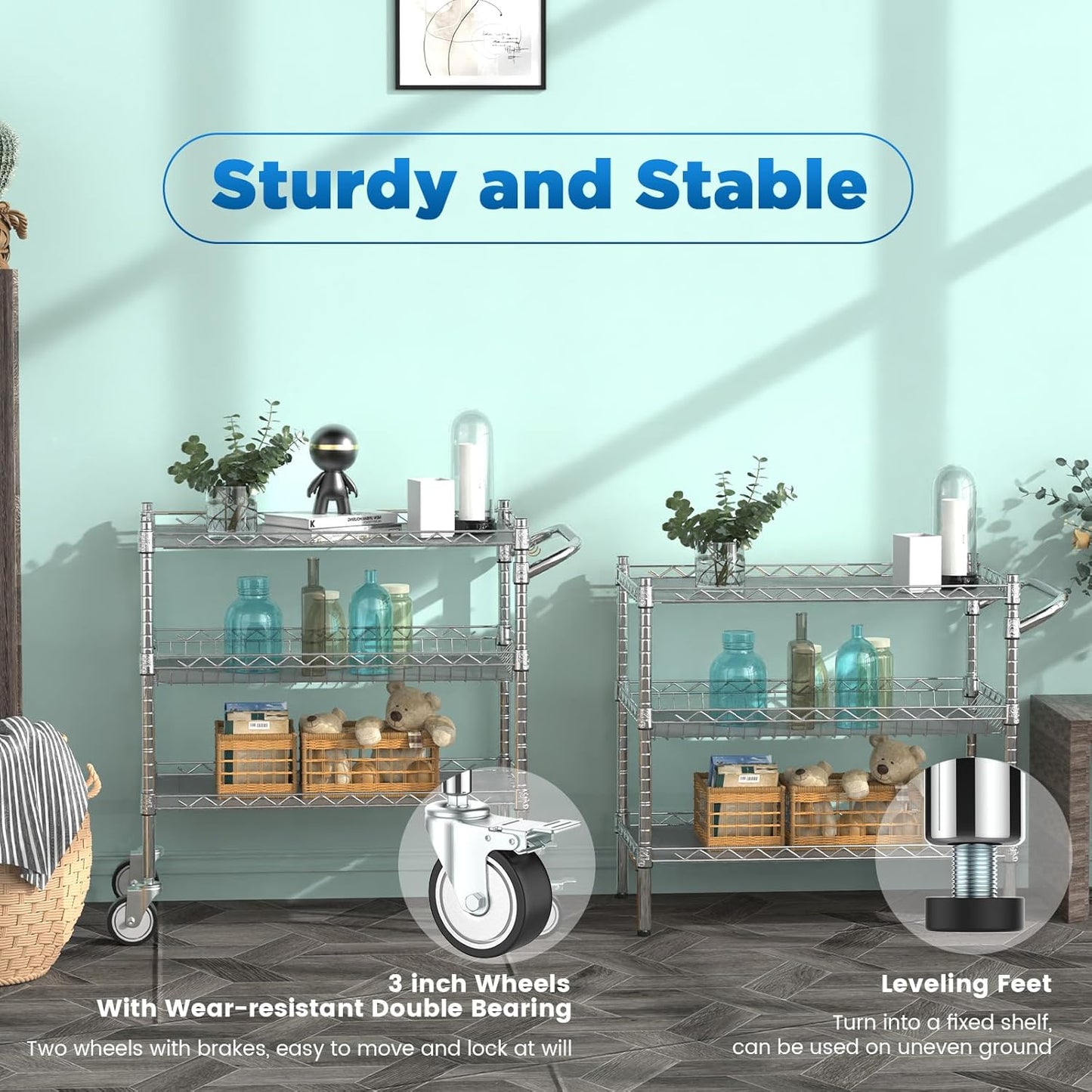Leteuke 3 Tier Rolling Carts with Wheels, Heavy Duty Rolling Utility Cart,NSF Commercial Grade Metal Cart with Handle&Shelf Liner,Trolley Serving Cart for Kitchen,Restaurant,Plant Display,Chrome