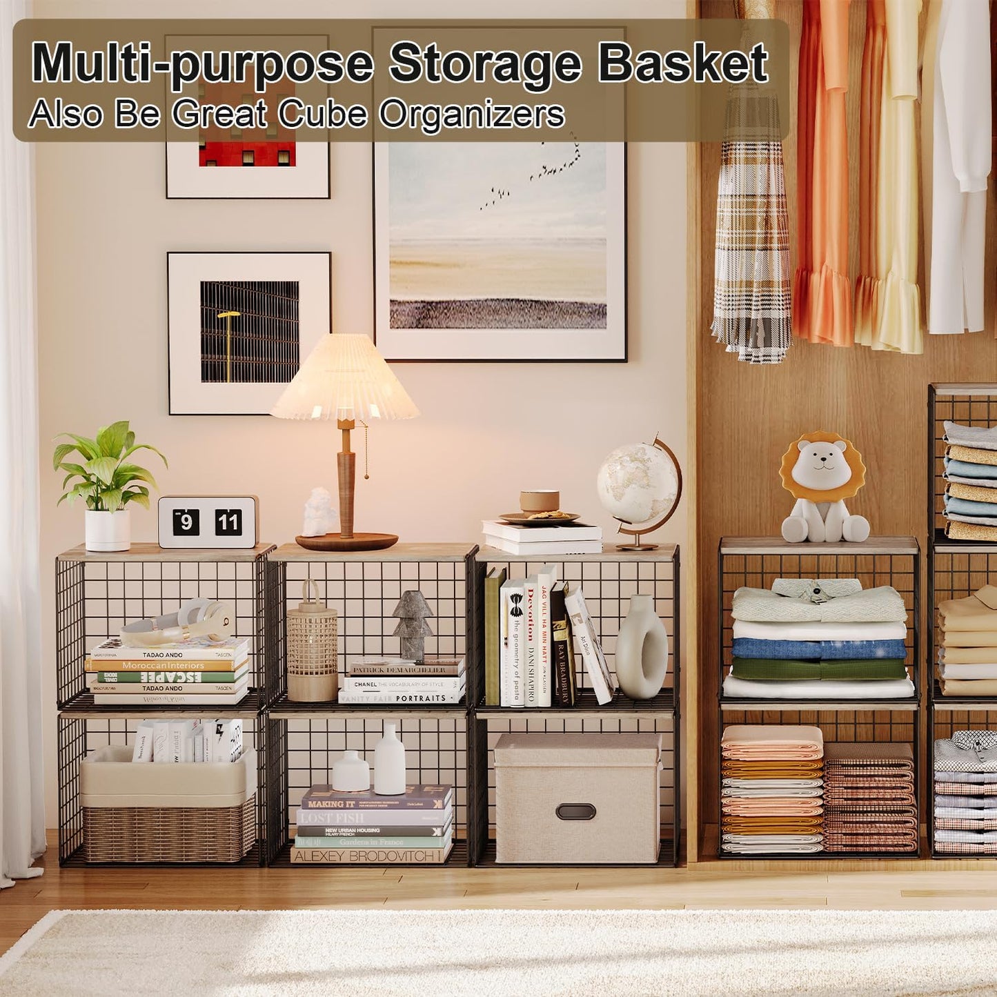 4PCS Wider Closet Organizers and Storage, Stackable Closet Shelf Organizer Storage Bins with Wood Top for Sweaters Jeans, Clothes Organizer Shelves for Wardrobe System Rack, Space-Saving,Sturdy Metal