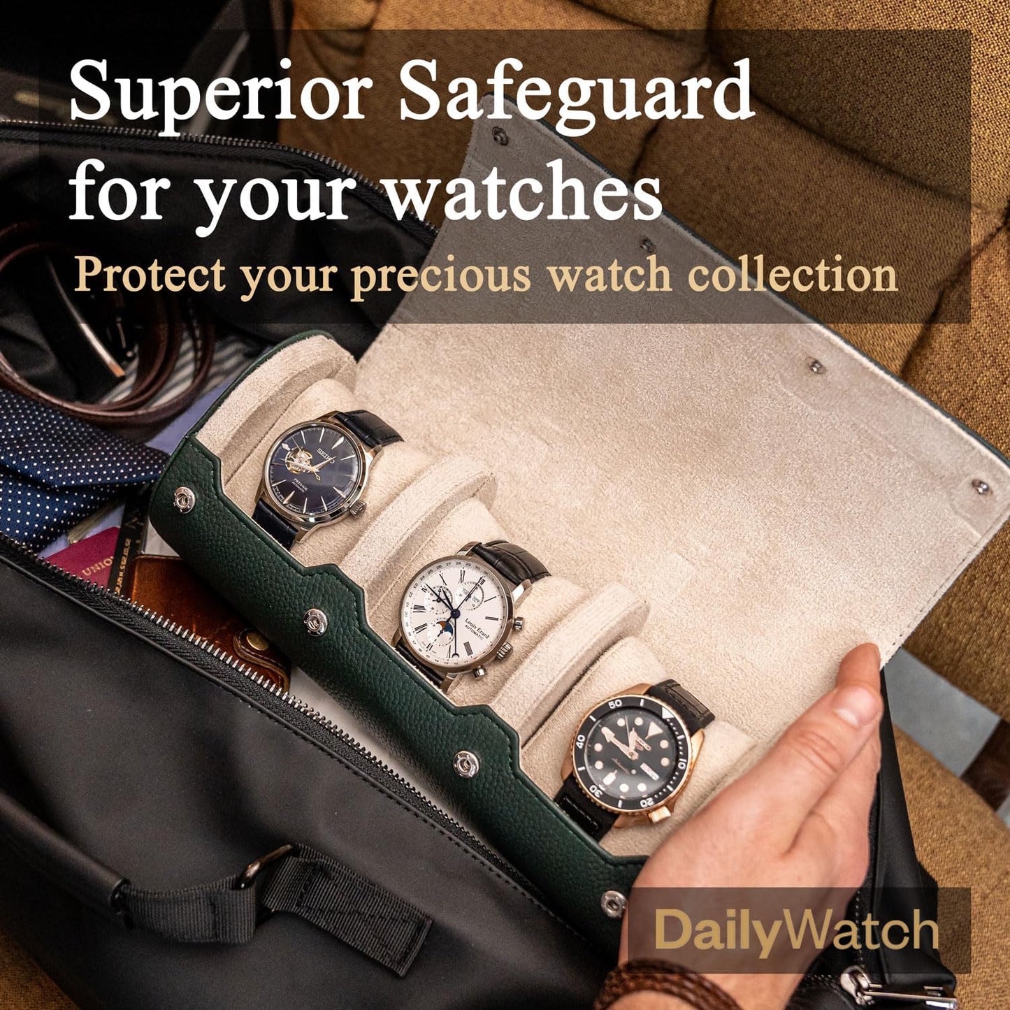 DailyWatch | Watch Roll Travel Case For 2 Watch | Luxury Watch Case In Genuine Leather With Soft Velvet Interior | Watch Case Protect, Store, & Display Your Watches | Dark Green Litchi