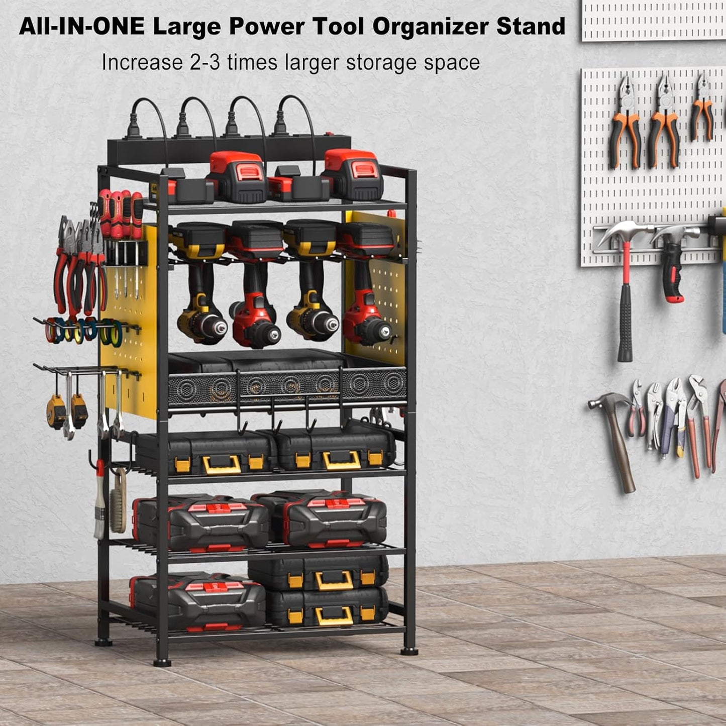 JUNNUJ Power Tool Organizer Floor Stand with Charging Station, Garage Adjustable Storage Rack Utility Tool Shelf with 8 Outlet Power Strip, Heavy Duty Drill and Battery Holder, Yellow