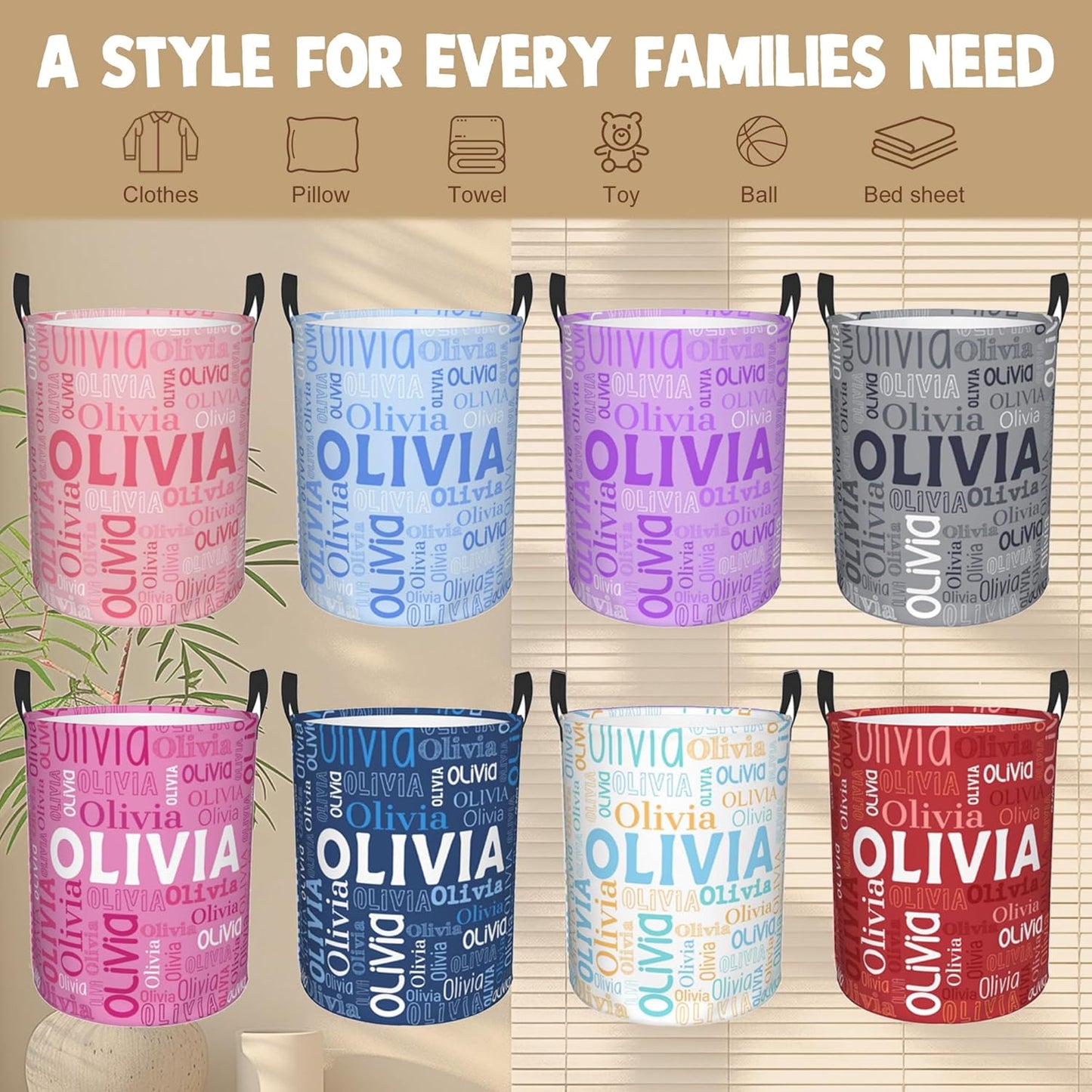 Custom Name Laundry Hamper, Personalized Laundry Basket with Name for Boys Girls Kids Men Women, Customized Name Dirty Clothes Basket Gifts for Clothes Toy Bathroom Bedroom Laundry Room Dorm