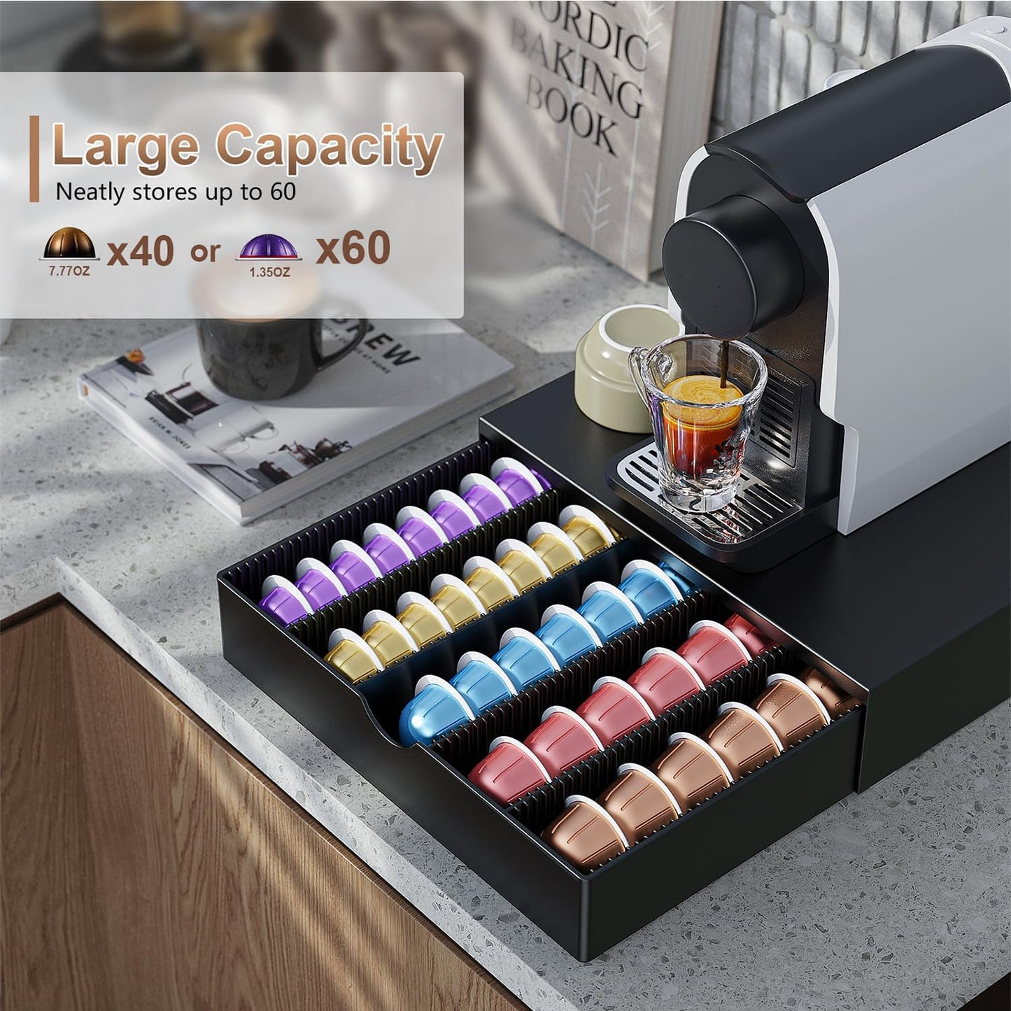 Coffee Pods Drawer Organizer Compatible with Nespresso Vertuo Pods Holds Up to 60 Small or 40 Large (Black)
