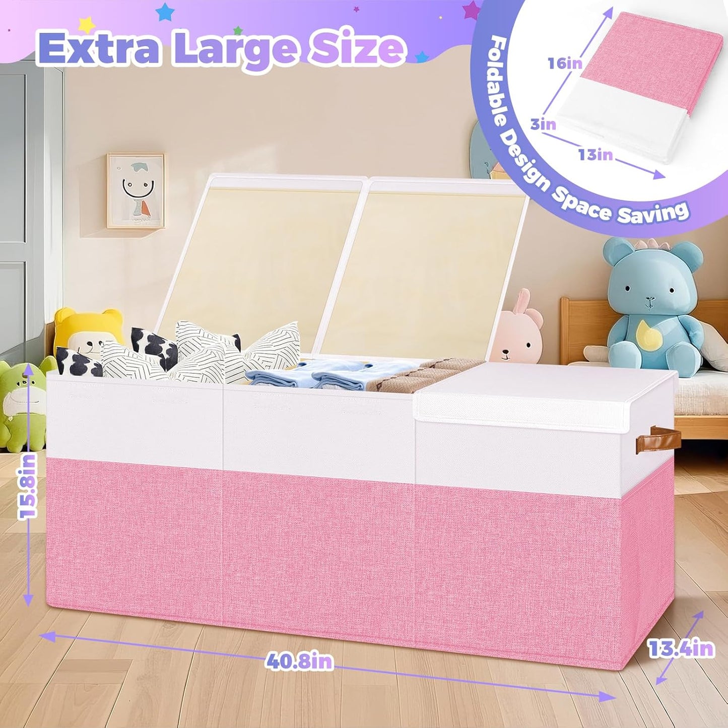 Extra Large Toy Storage Box with Lid, Collapsible Sturdy Toys Chest Storage Organizer Bin Basket with Divider for Kids, Boys, Girls, Closet, Playroom, Bedroom, Nursery, 40"X14"X16", Pink & White