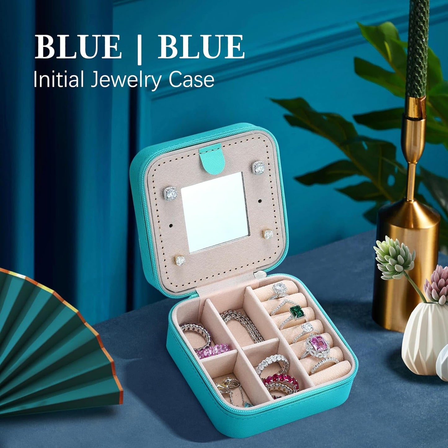 Parima Travel Jewelry Organizer Box - Small Case for Women, Mini Jewelry Box - Letter V, Aqua Blue