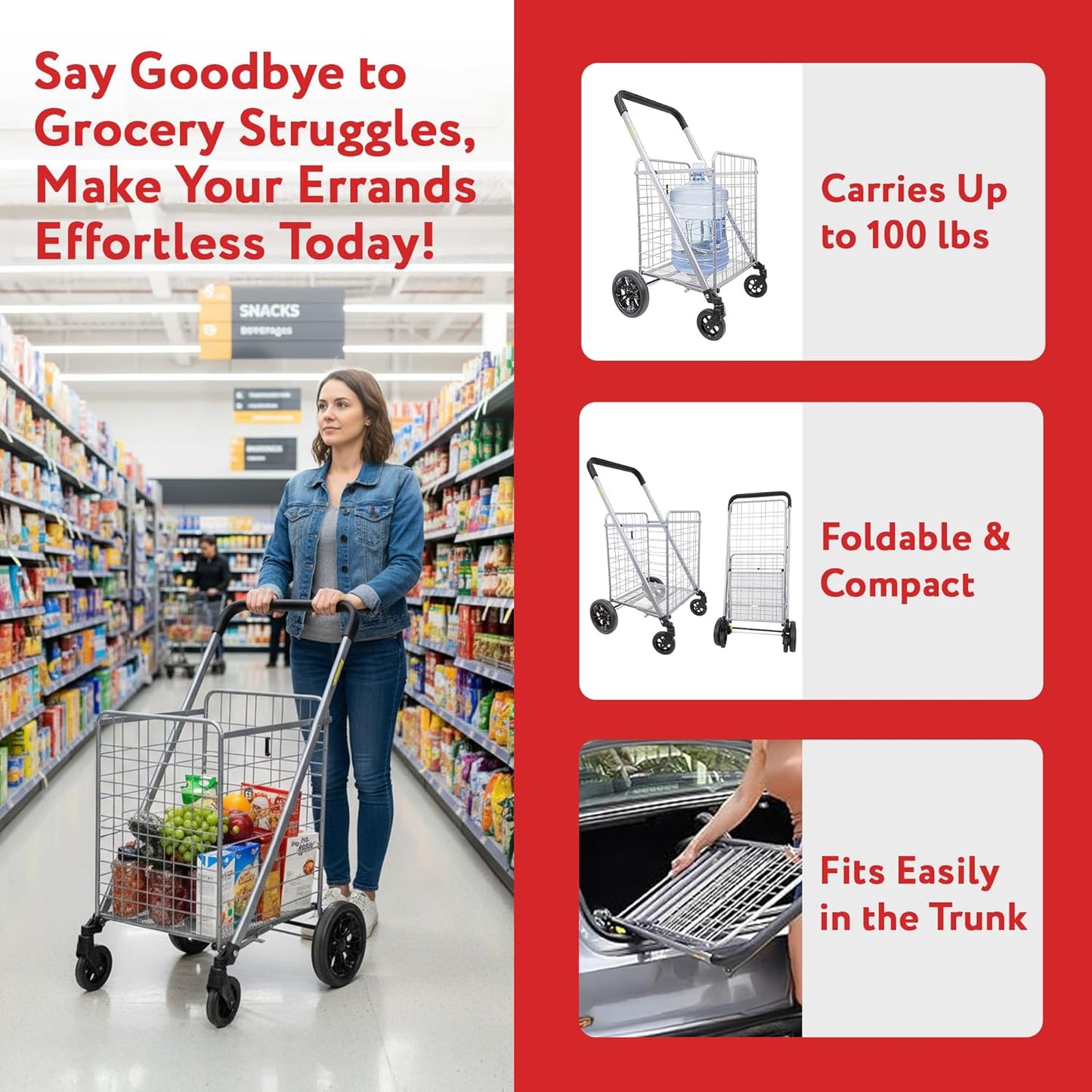 dbest Products Cruiser Cart Deluxe 2 - Foldable Shopping Cart with Wheels for Groceries - Heavy Duty Utility Cart with Brake System - Collapsible Laundry Cart - USA Designed - Holds 100 lbs - Silver