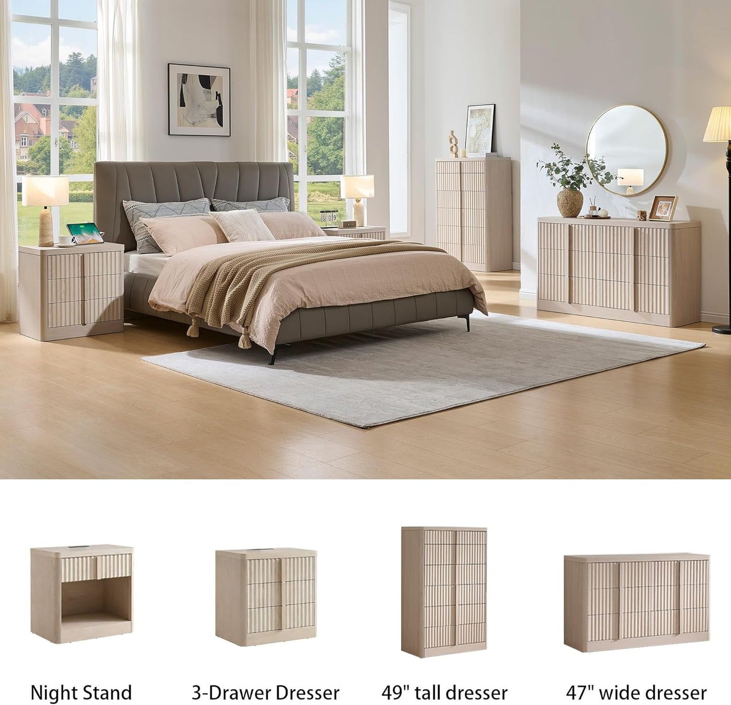 Fluted Dresser for Bedroom, Chest of Drawers, 48" Tall 6 Drawer Dresser, Curved Profile Design, Modern Wooden Chest of Drawers with Solid Wood Handle for Living Room, Bedroom, Hallway