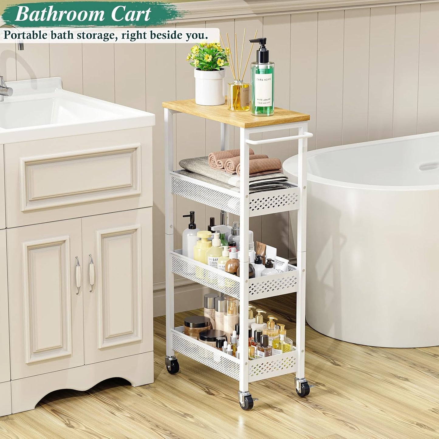 Utility Slim Storage Cart, 4-Tier Narrow Bathroom Organizers and Storage Cart, Narrow Metal Kitchen Laundry Room Organization Shelf with Wood Top, Slim Rolling Carts with Wheels for Small Space