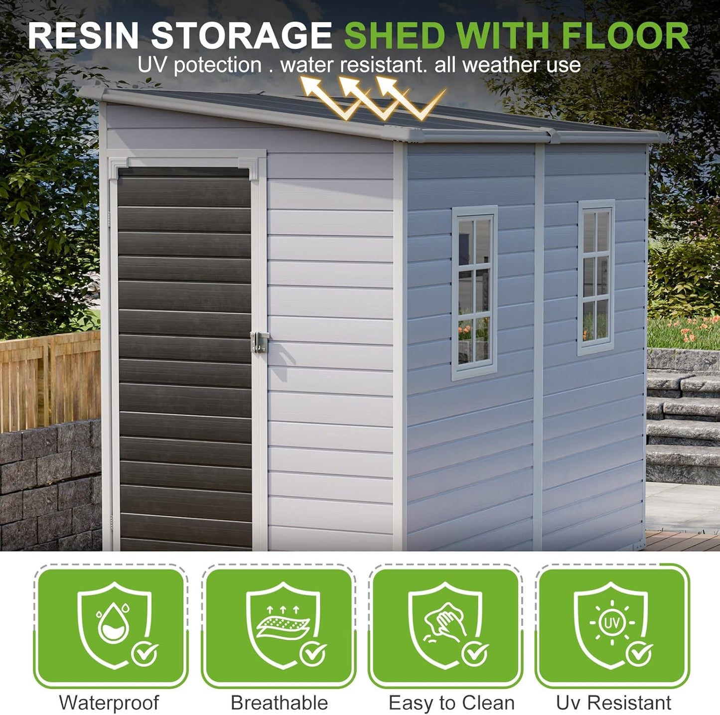 8x4 Outdoor Storage Shed, Lean to Shed with Floor for Patio and Garden, Waterproof Resin Plastic Storage Unit with Lockable Door & Awning Windows