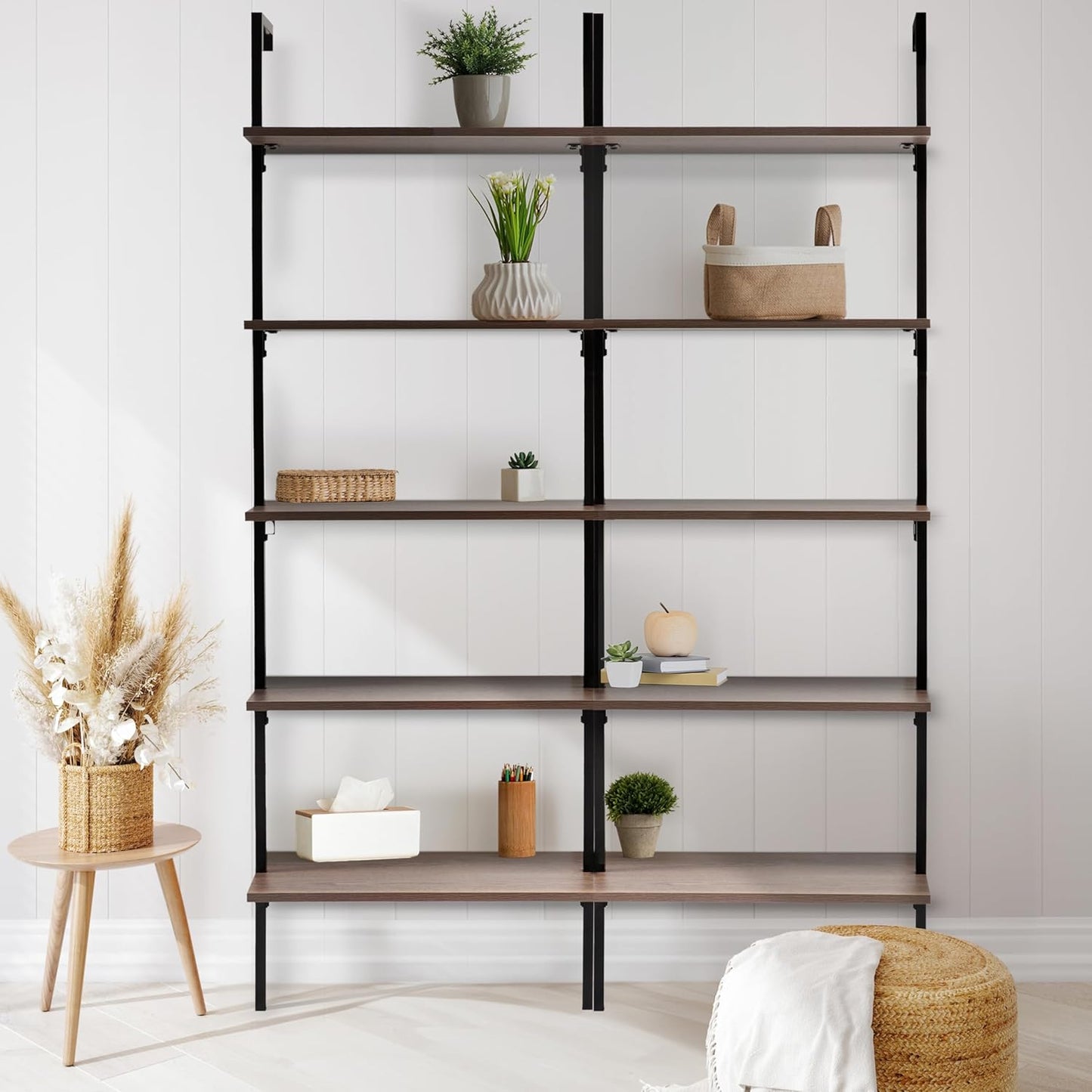 happimess MSH1001C Madera 72.05" Classic Industrial 5-Shelf Wood Wall-Mounted Open Ladder Bookcase with Metal Frame, Brown/Black