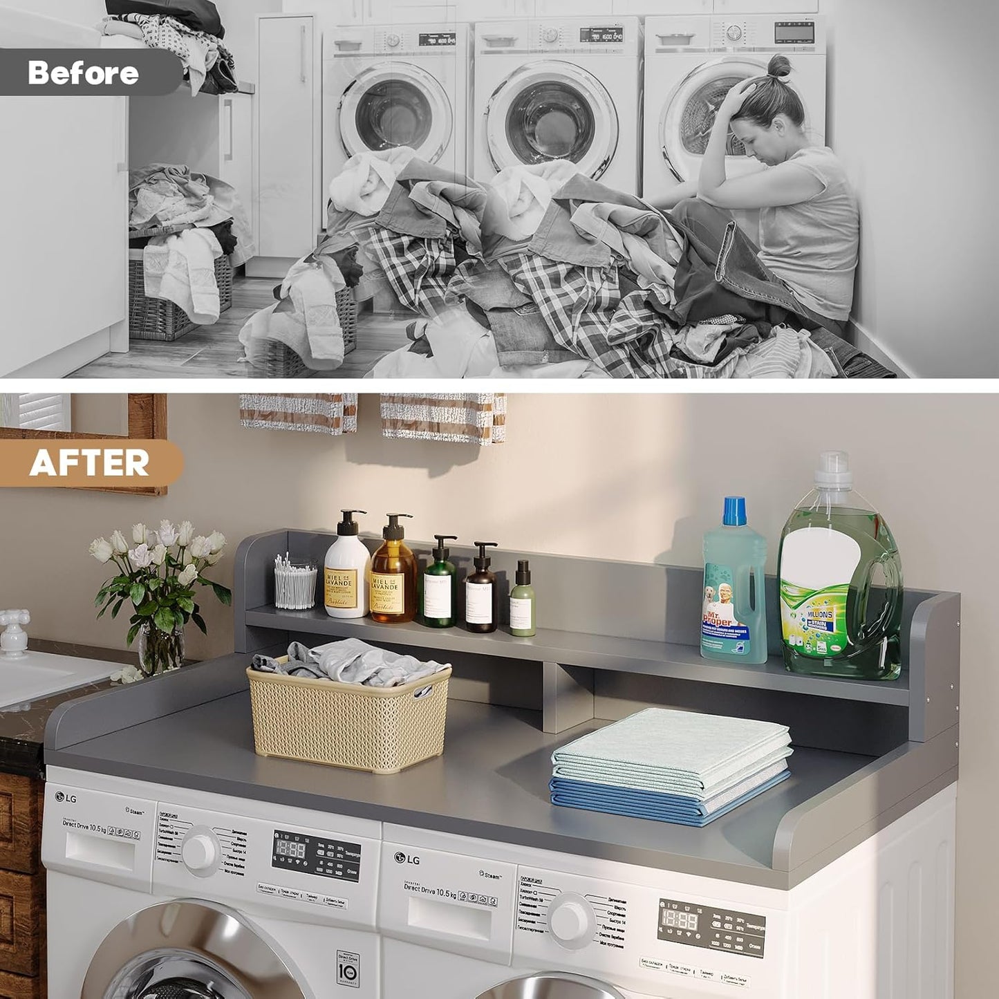 2-Tier Washer Dryer Countertop with 2.75"H Edge Rails, 54" W x 27.55" D Laundry Countertop for Folding Clothes, Washer and Dryer Topper with Non-Slip Pad (Gray)