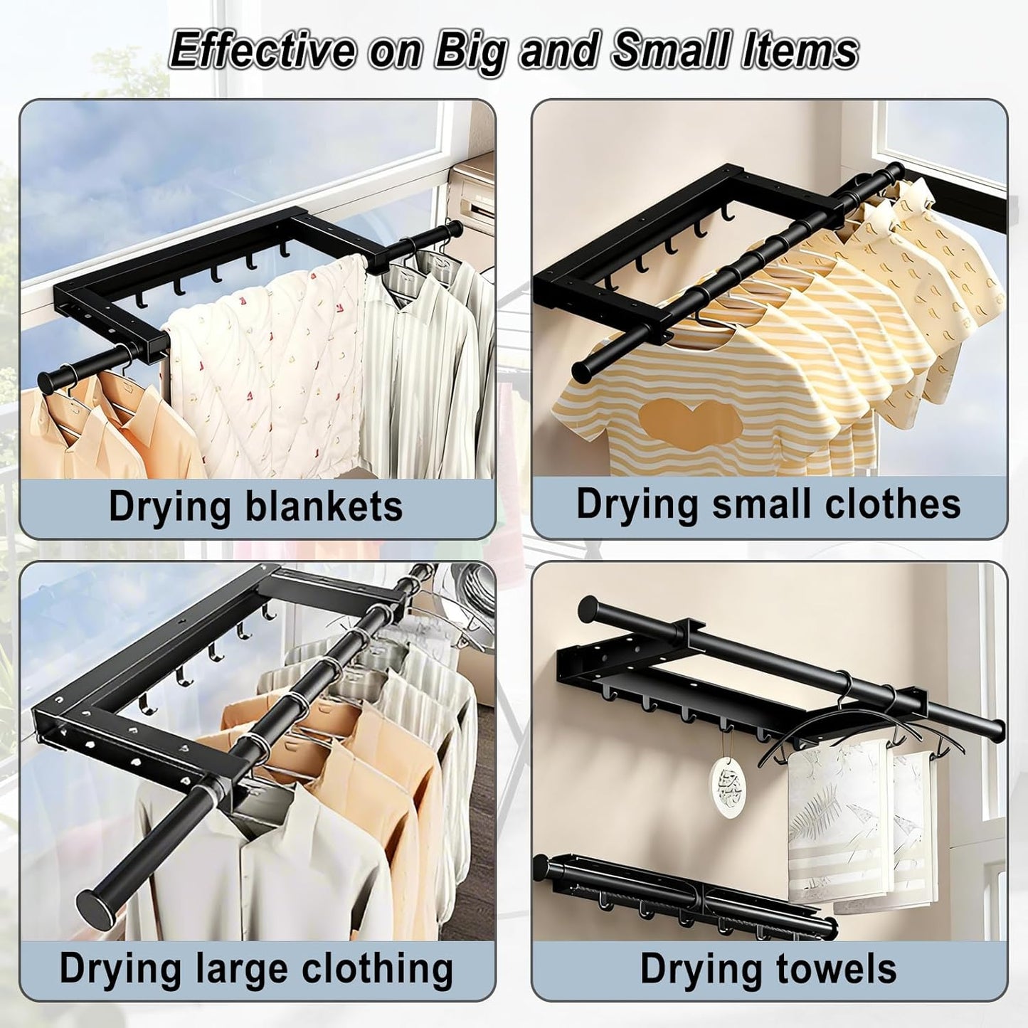 2 Pcs Clothes Drying Rack, Laundry Drying Rack with Wall-Mount Foldable Space Saving Design, Indoor Folding Clothes Horse for Small Spaces with Retractable Rods, Black